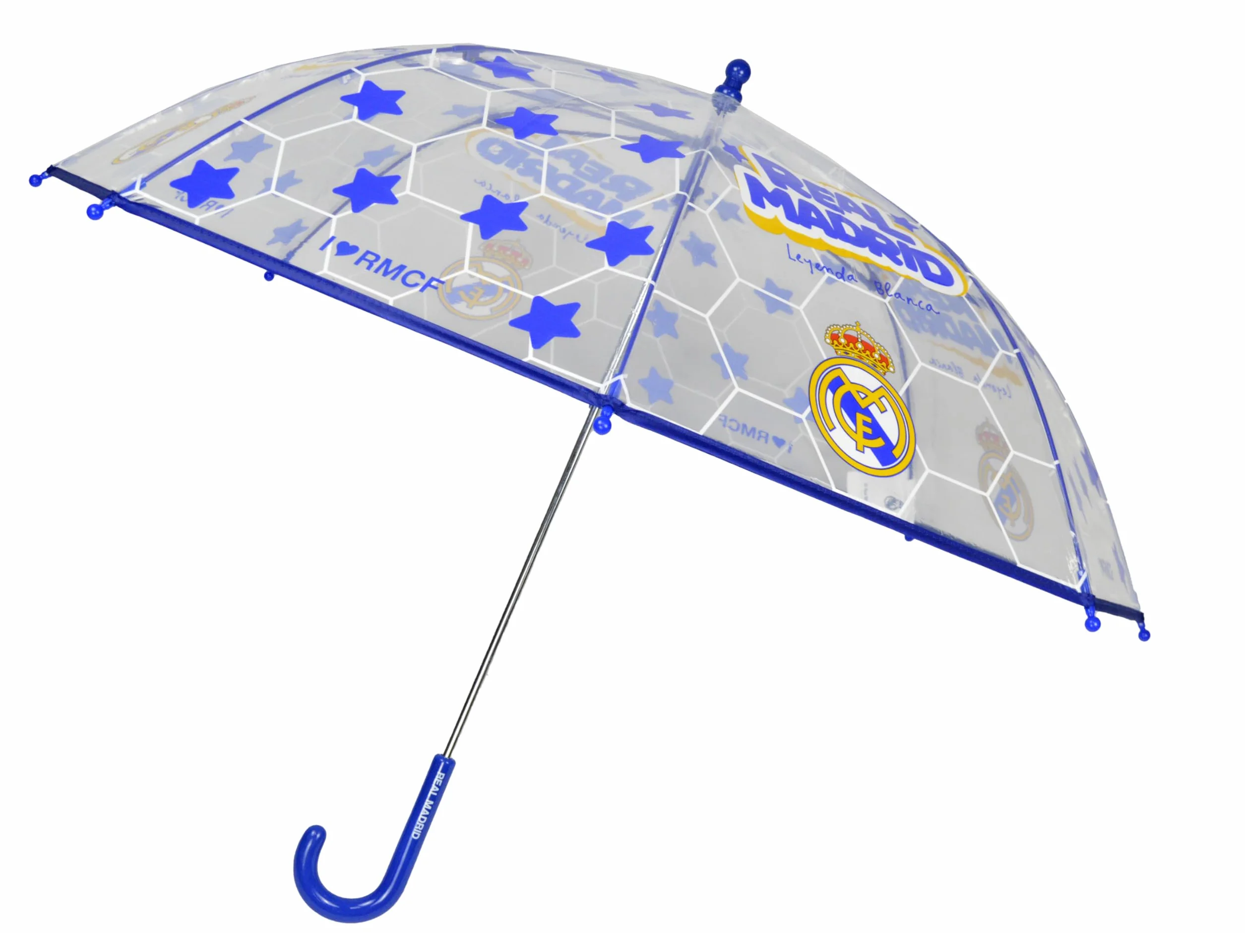 CYPBRANDS Paraguas infantil Real Madrid, Paraguas Manual para Niños, Transparente, 8 Varillas, Tubo Metálico