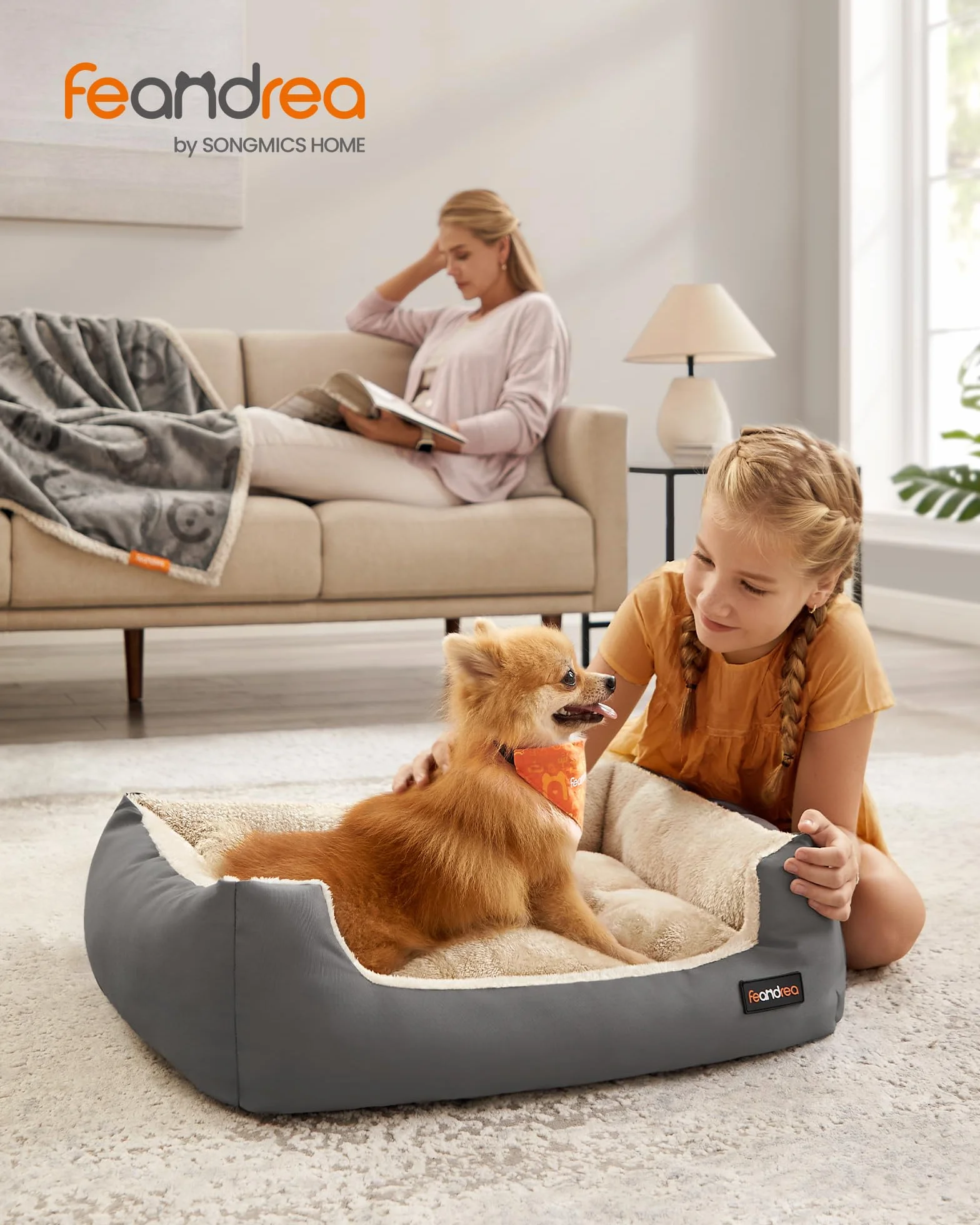Feandrea Cama para Perros, Sofá Cama para Mascotas, Alfombra Extraíble y Reversible, Bordes Elevados, Base Antideslizante, Talla M, 70 x 55 x 21 cm, Gris Paloma y Beige Arena PGW003G01