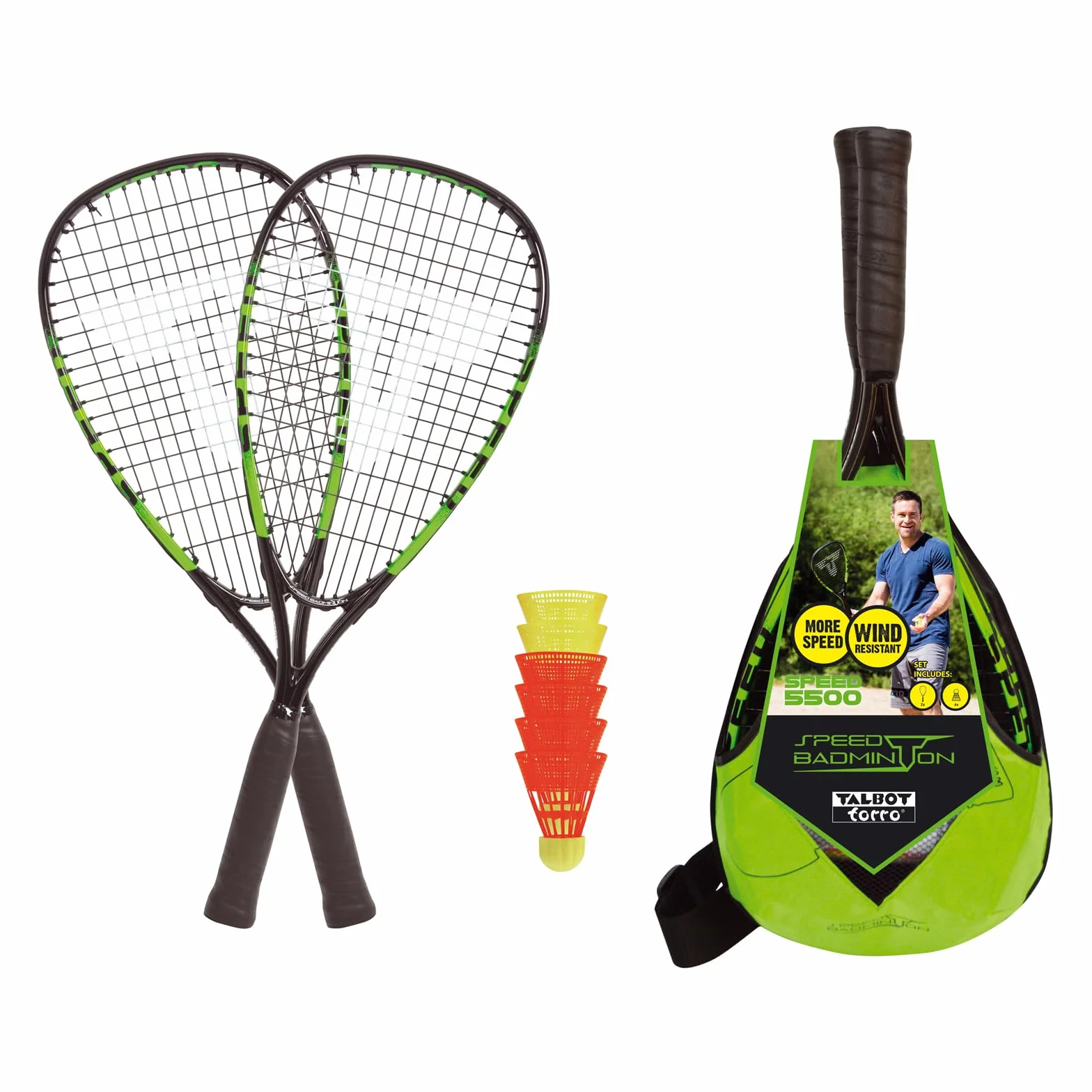 Talbot Torro Speed 5500 Juego de Bádminton 2 Raquetas Aluminio 56,5 cm 6 Pelotas Resistentes al Viento Mochila