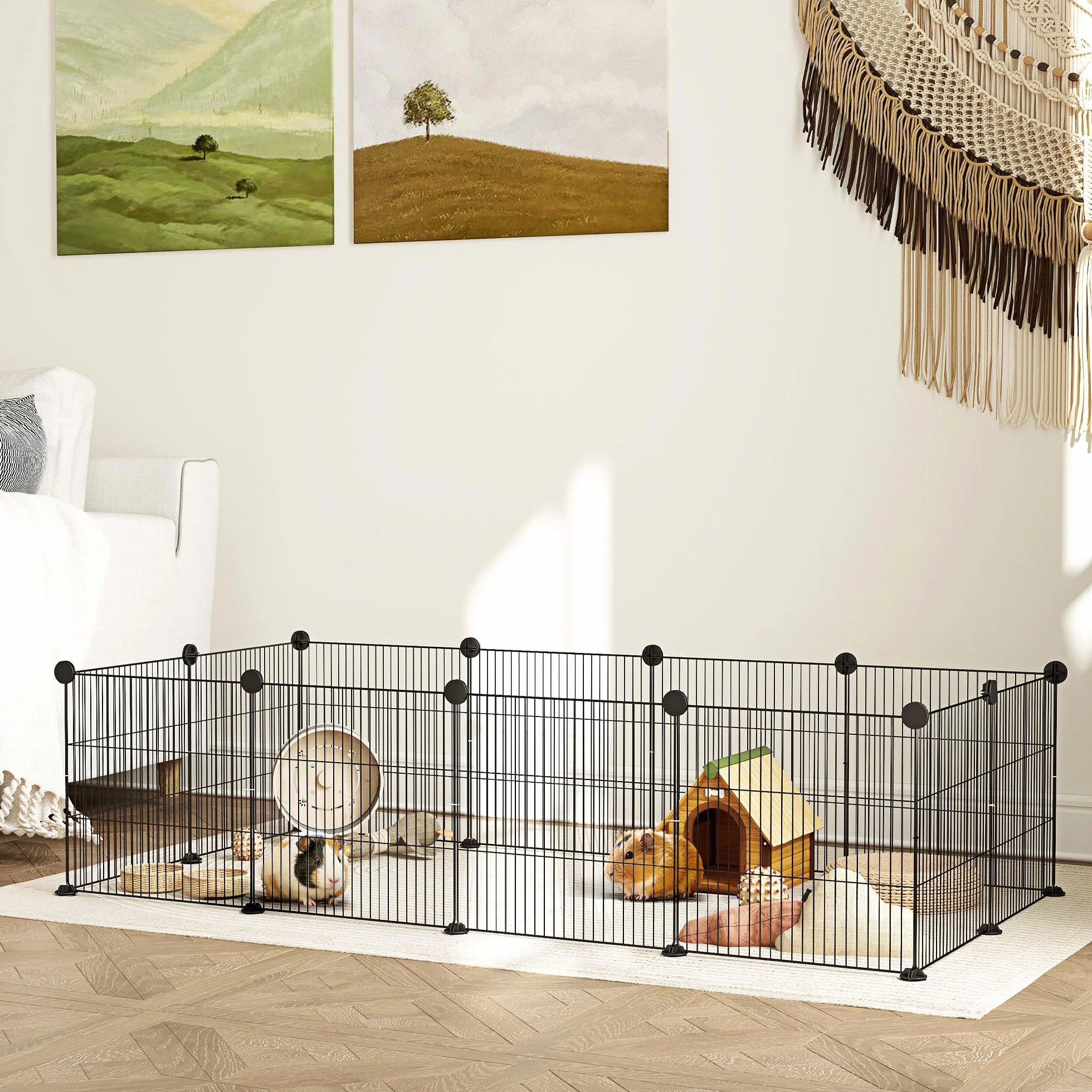 PawHut Valla Metálica para Mascotas con 12 Paneles Diseño DIY Parque Metálico para Animales Pequeños Desmontable para Erizo Conejos 140x70x35 cm Negro