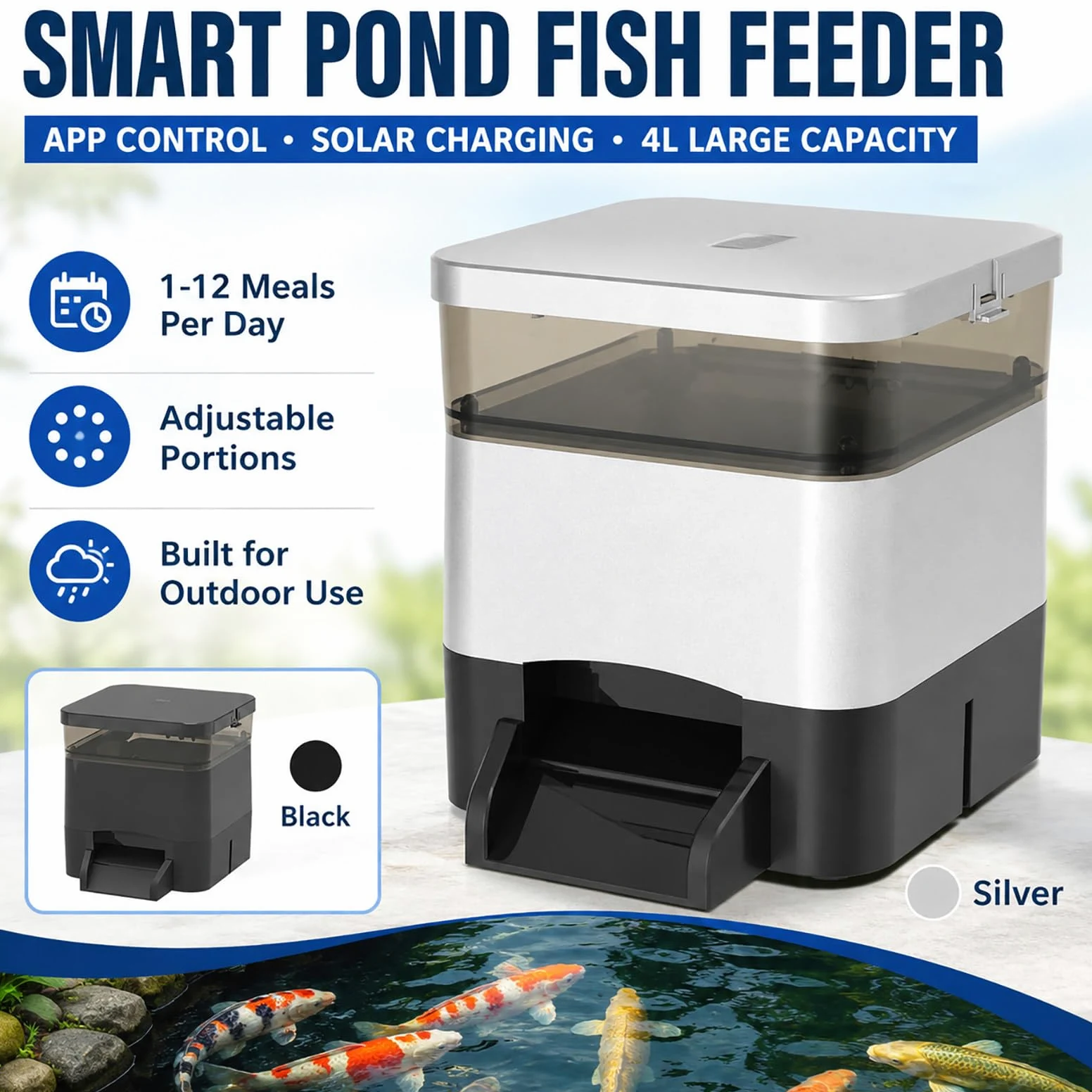 Alimentador Solar para Estanque - Dispensador Automático 4 L con Programación Diaria para Peces Black