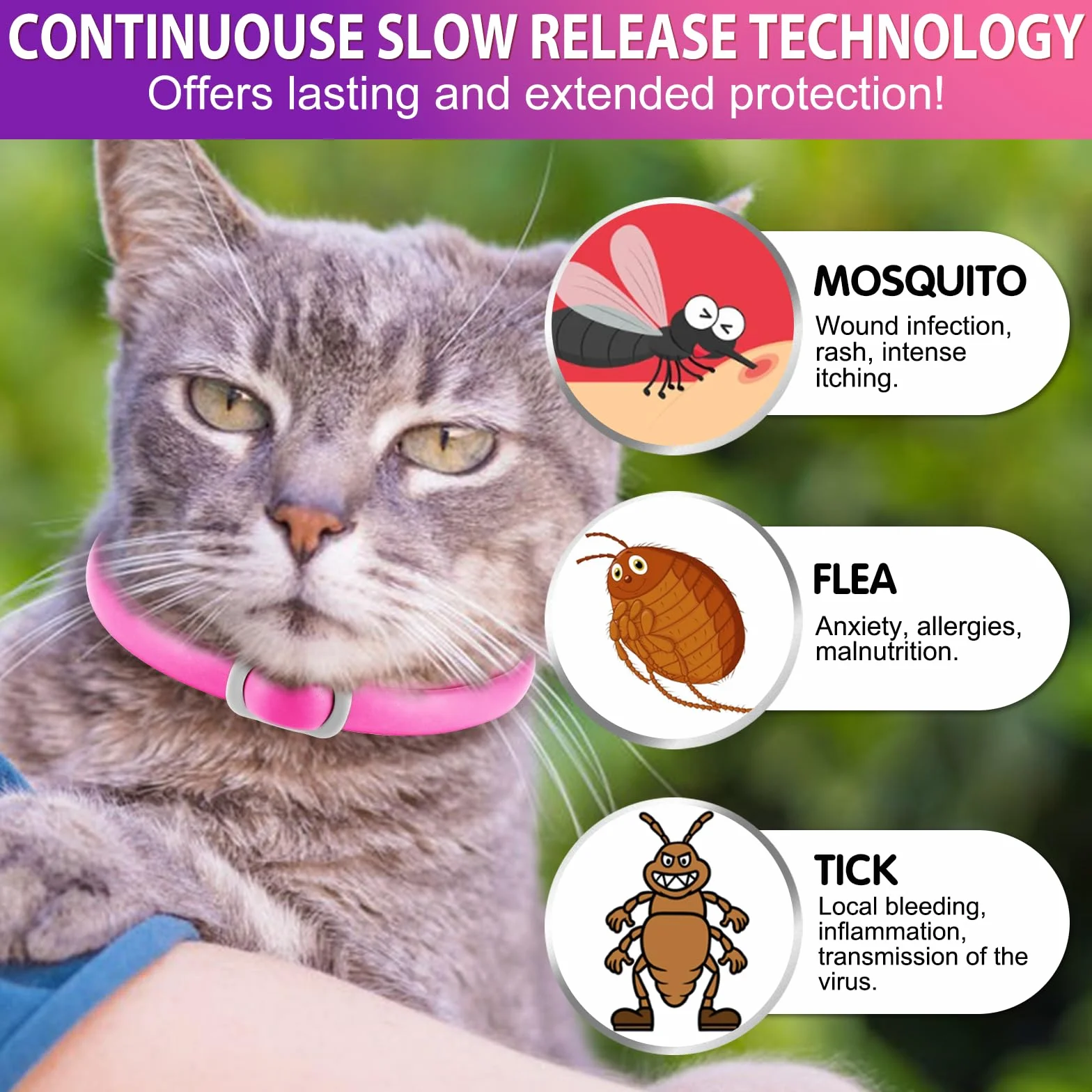 Collar Antipulgas para Gatos,Seguro y Eficaz para el Control de Pulgas y Garrapatas,Collar Antipulgas y Garrapatas,Ajustable para Todas Razas Tallas,24 Meses de Protección