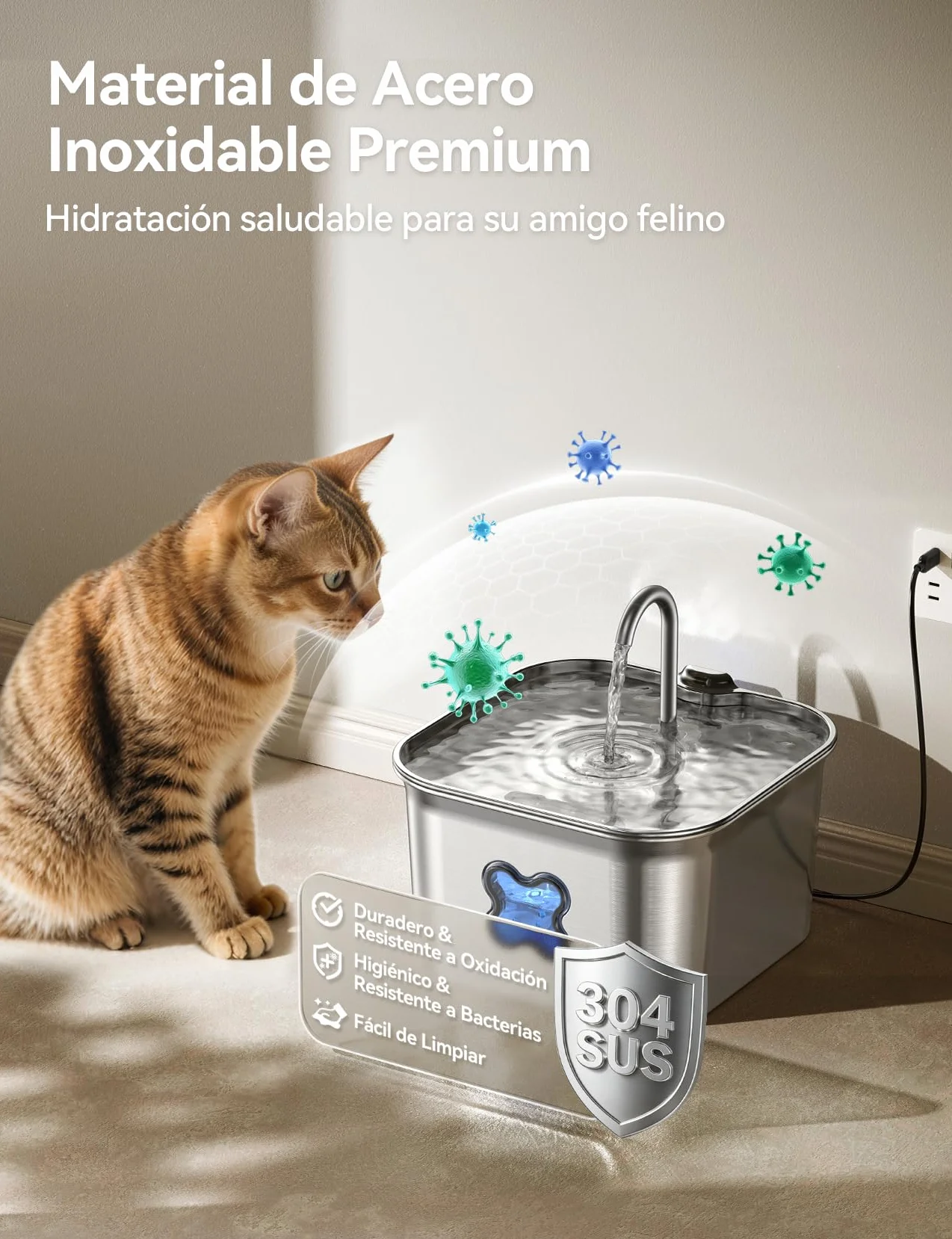 FEELNEEDY Fuente para Gatos Acero Inoxidable 2,8L, Bebedero Gatos con Cable y Filtración de Cuatro Capas, Fácil de Limpiar, Apta para Lavavajillas