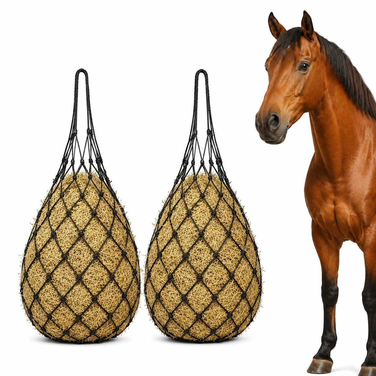 2 Piezas Red de Heno para Caballos, Malla de 5 x 5 cm, Bolsa de Heno para Alimentación Lenta, para Establo, Remolque, Ponis y Cabras (Negro)