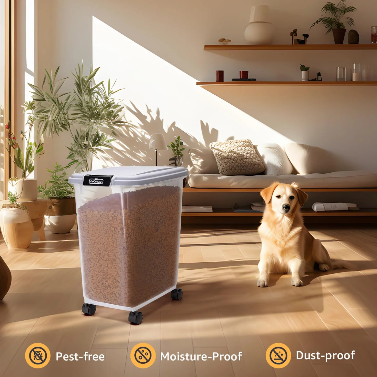 Nobleza - 2 Piezas Contenedor de Comida para Mascotas 40L, Mascotas Caja de Alimentos con Ruedas Contenedor, Tapa abatible, hermética, Transparente, Ruedas y Pala, para Comida para Perros y Gatos