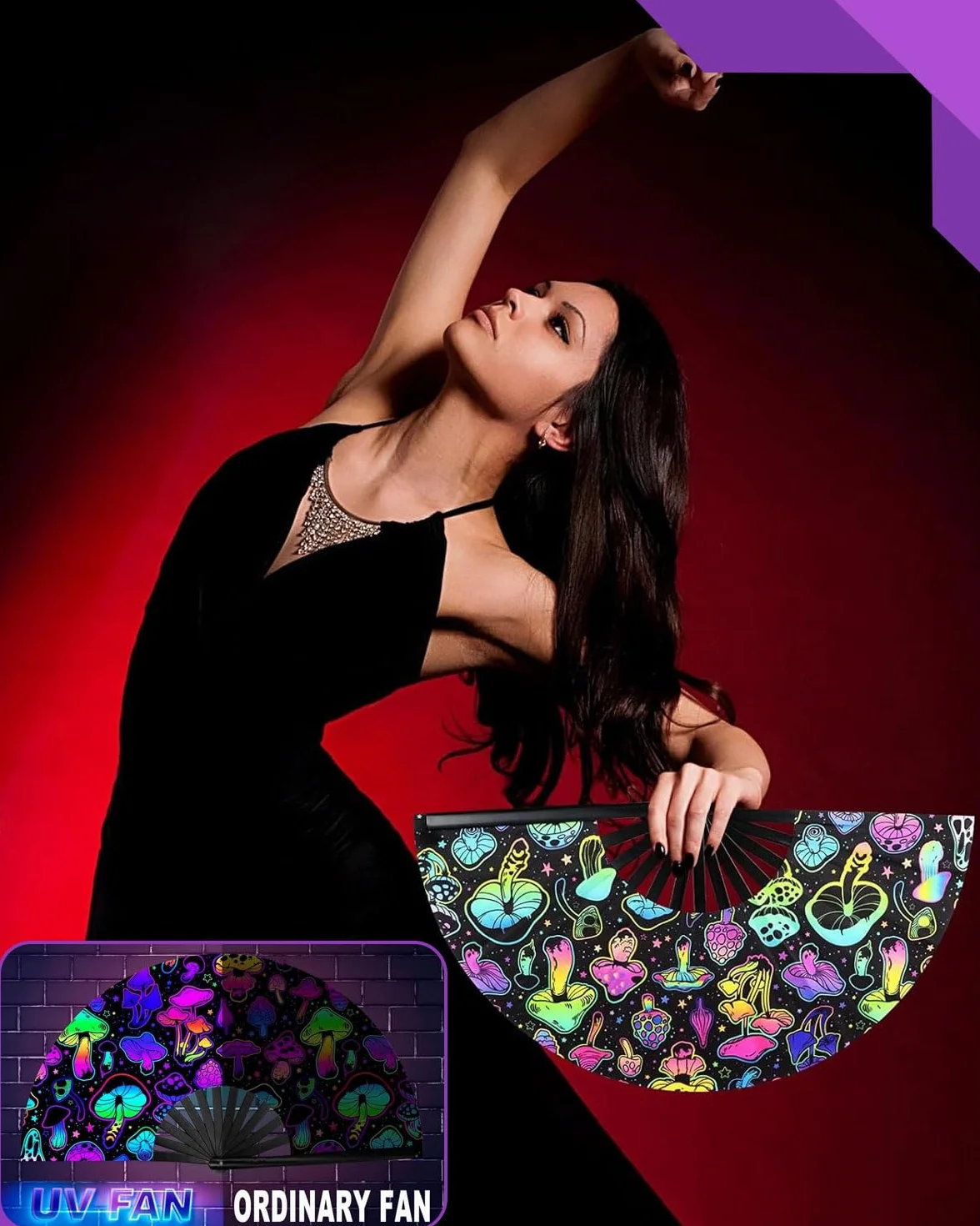 Abanico Plegable Glow Rave de Mano Grande para Bailar, Fiestas, Festivales
