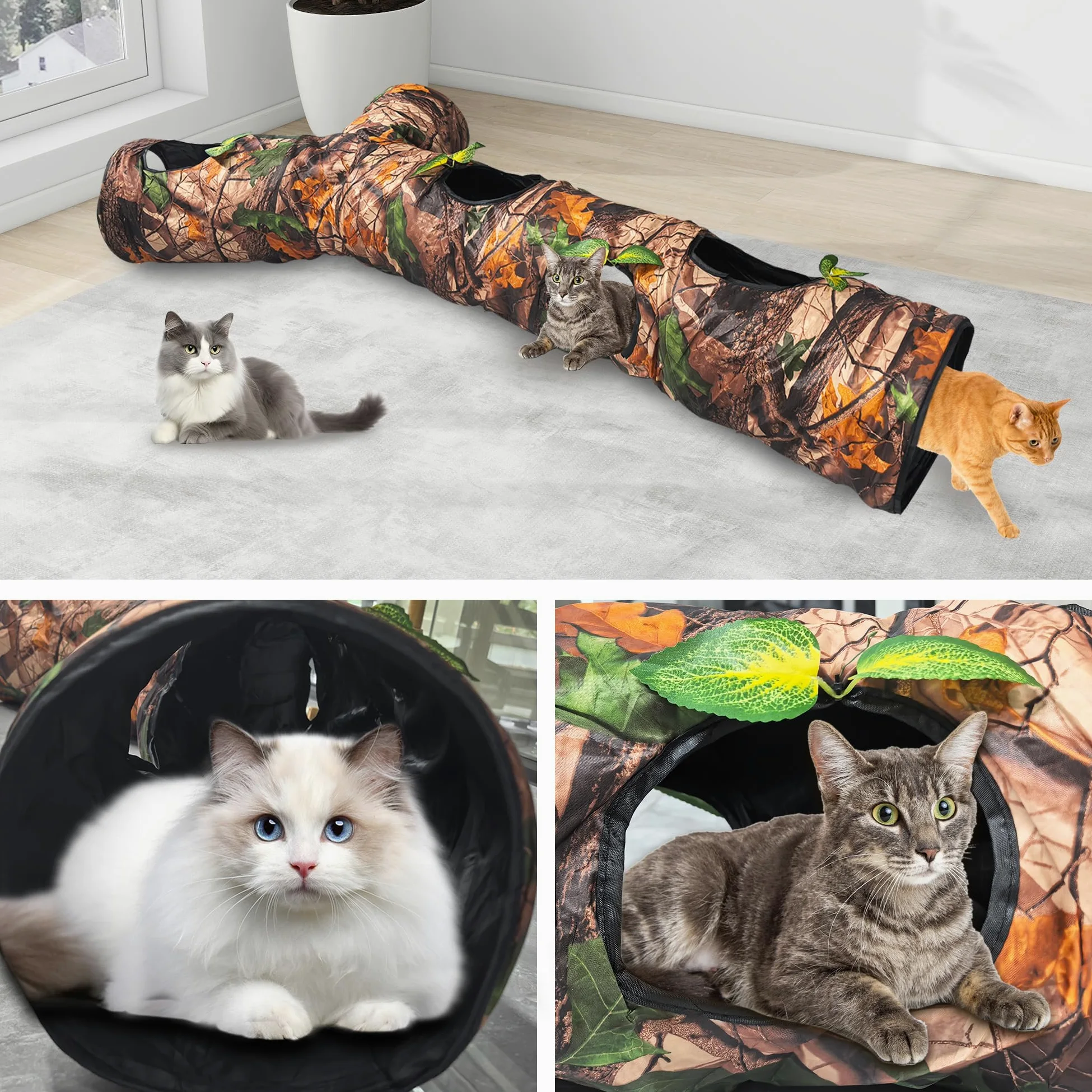 Túnel para gatos de interior grande, juguete de cama para gatos con tres canales y hojas, cueva para gatos en forma de Y, plegable, fácil de almacenar, adecuado para gatos y otras mascotas