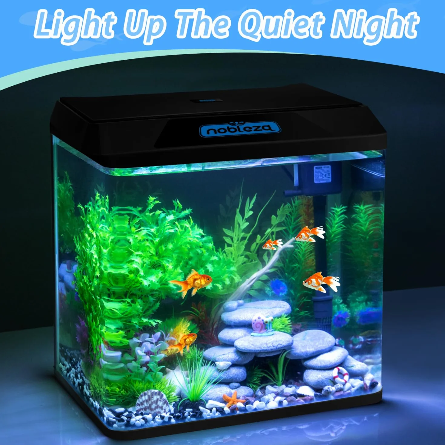 Nobleza - Acuario 30L con Filtro Integrado y Luz LED, Pecera de Cristal Completa para Peces, Acuario de Iniciación para Hogar y Oficina - Negro