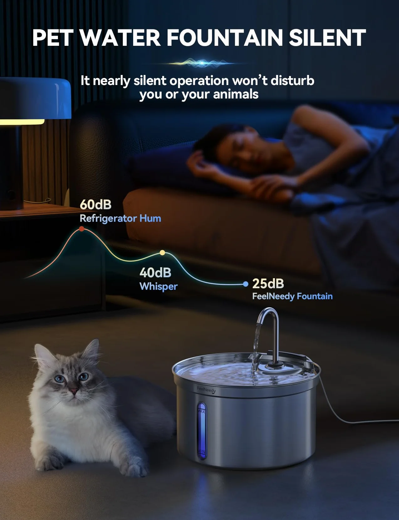 Fuente de Agua para Gatos Acero Inoxidable 304, FEELNEEDY 3,5L Bebedero Gatos Automática diseño de Grifo, Fuente para Mascotas Silenciosa, Multi-Filtración, con 3 Filtros y 1 Cargador USB 5V 1A