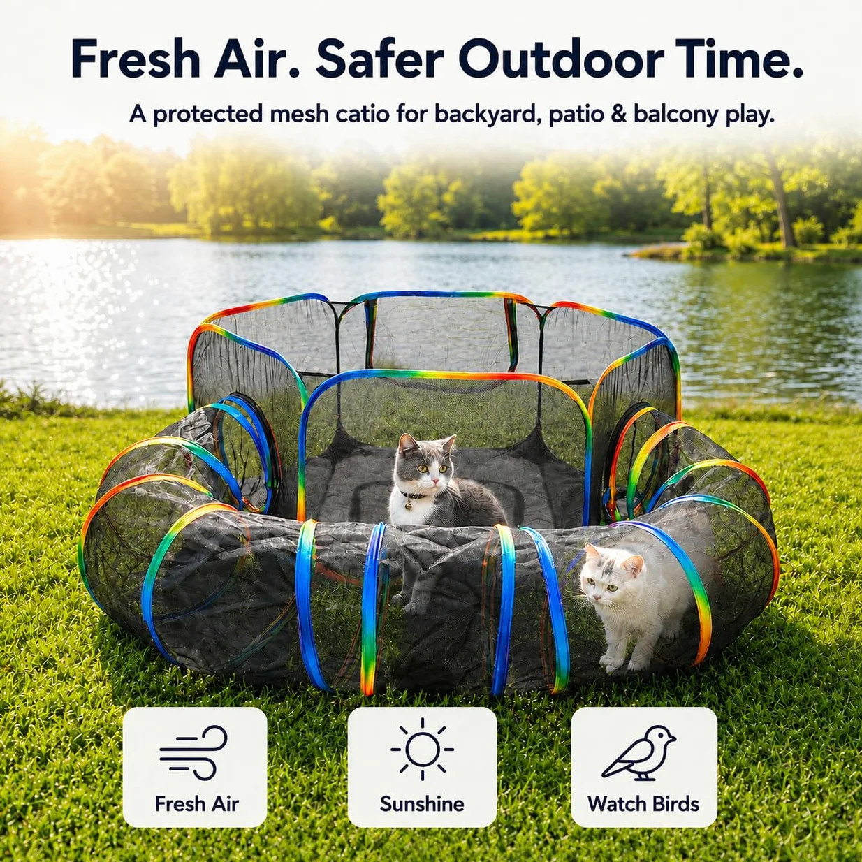Recintos para gatos arcoíris al aire libre, casa exterior para gatos de interior, incluye tienda de campaña portátil, túnel circular para gatos, gatitos y animales pequeños, dentro de bolsa