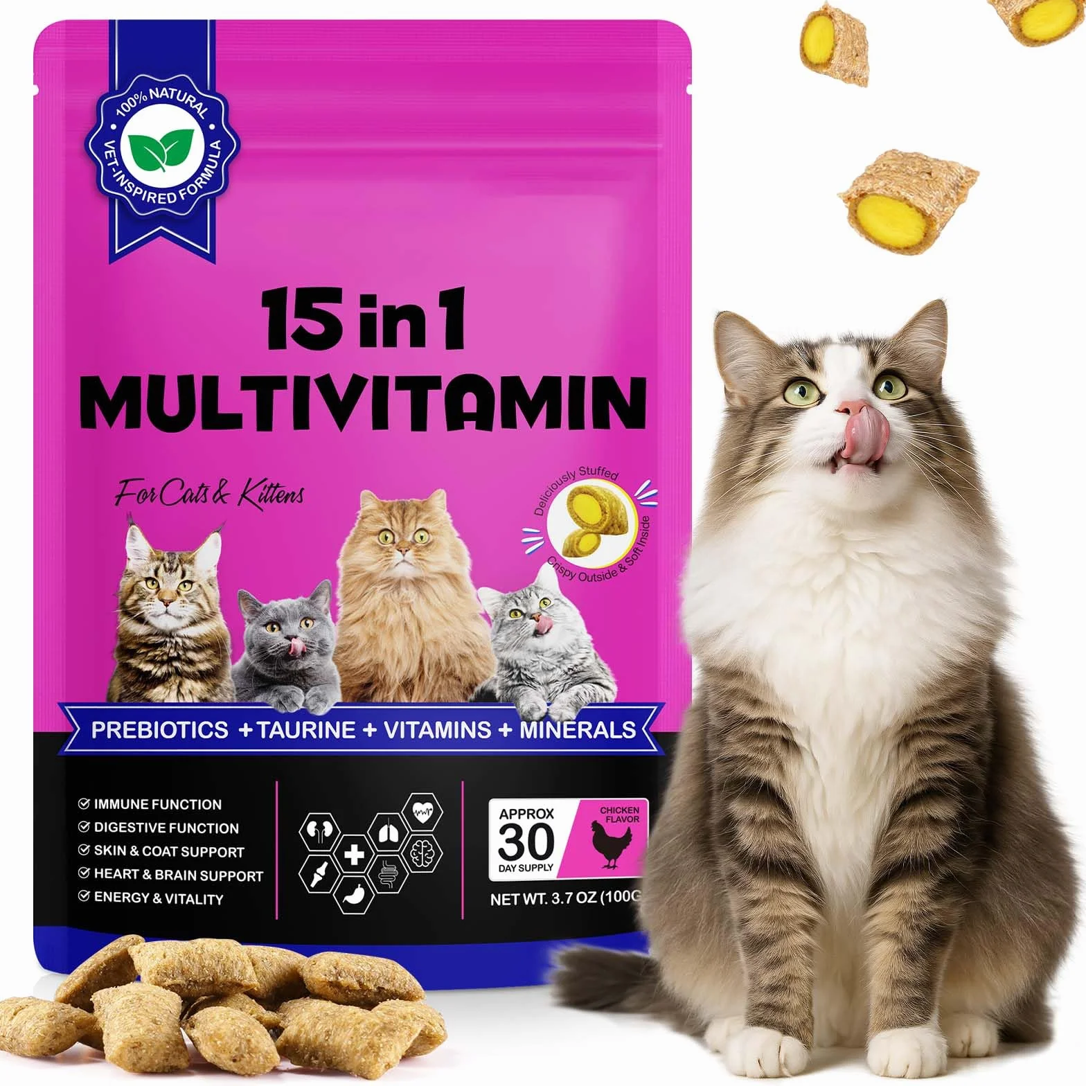 Vitaminas Esenciales Diarias para Gatos - Snacks Masticables Multivitamínicos 15 en 1 con Taurina, Ácidos Grasos Omega, Prebióticos y Mejillón de Labio Verde para Apoyo Inmunológico, Digestivo y Artic