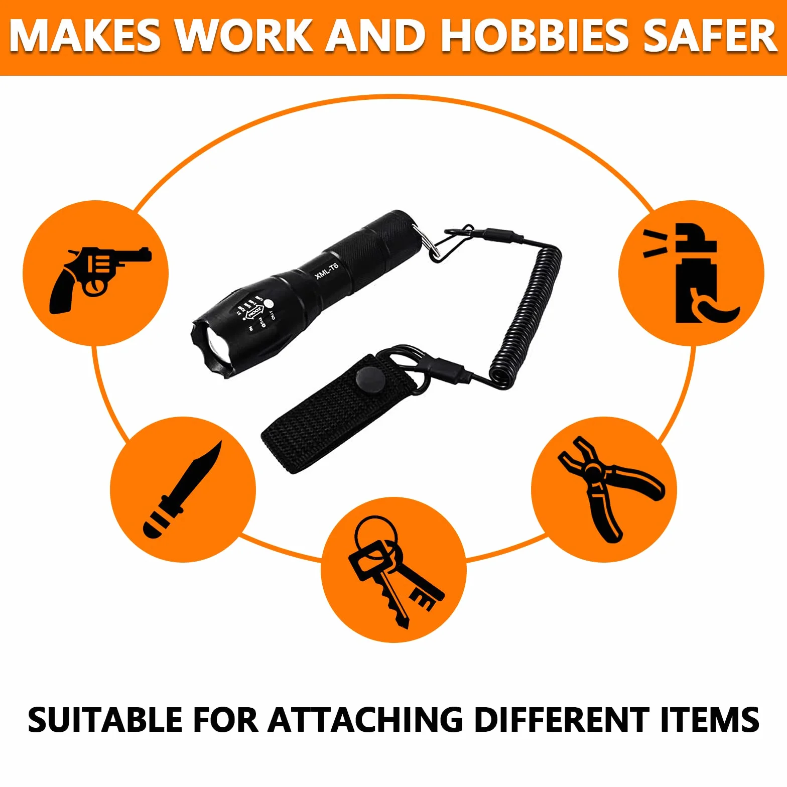 Lanyard Táctico Cuerdas de Seguridad Elásticas con Mosquetón en Espiral Negro