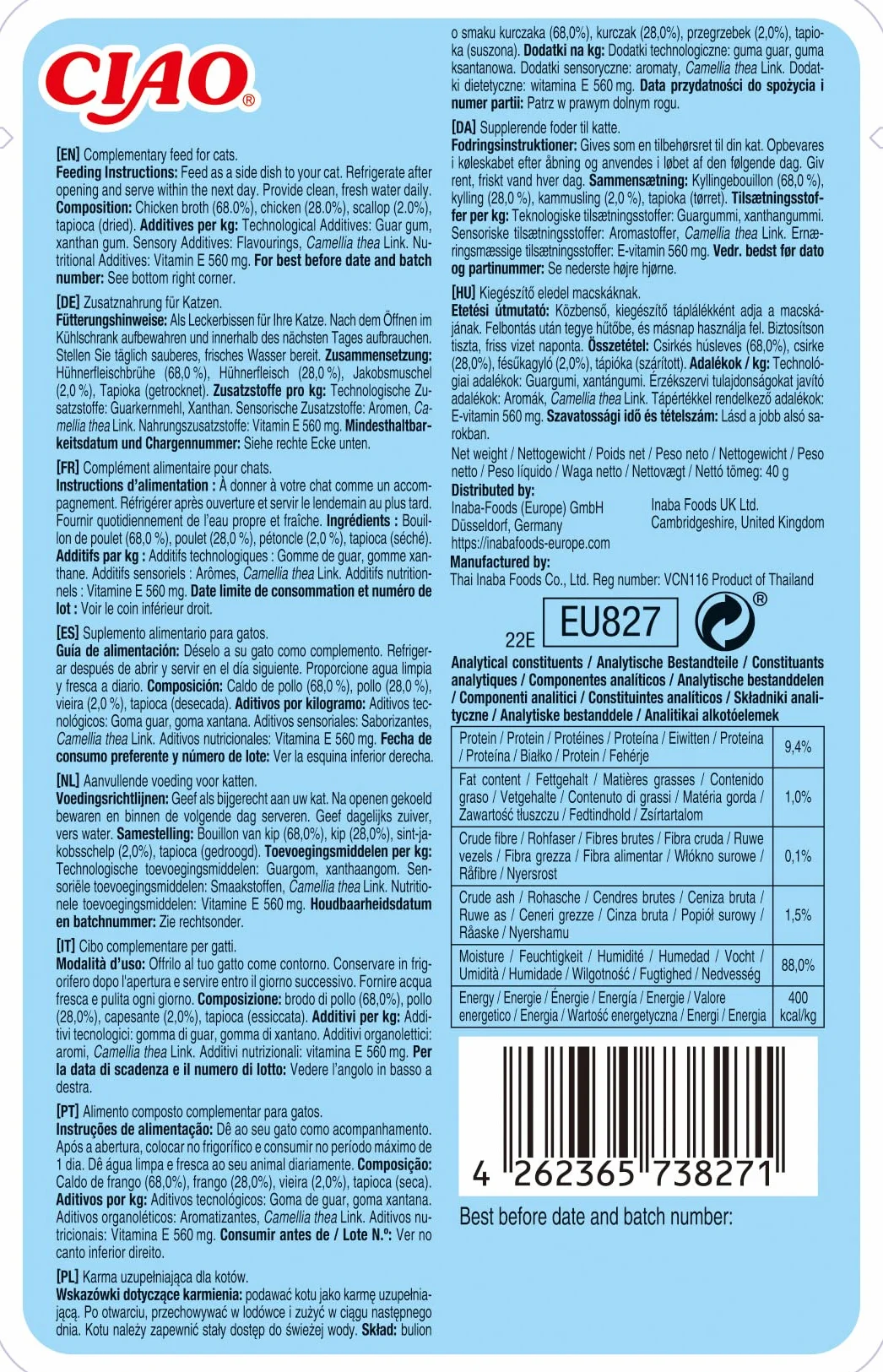 INABA Ciao Broth Gatos - Caldo Receta Pollo y Vieira - Premios Saludables con Proteínas Animales - Snacks Sin Cereales, Sin Conservantes, Sin Colorantes - Sólo 16Cal - 40g