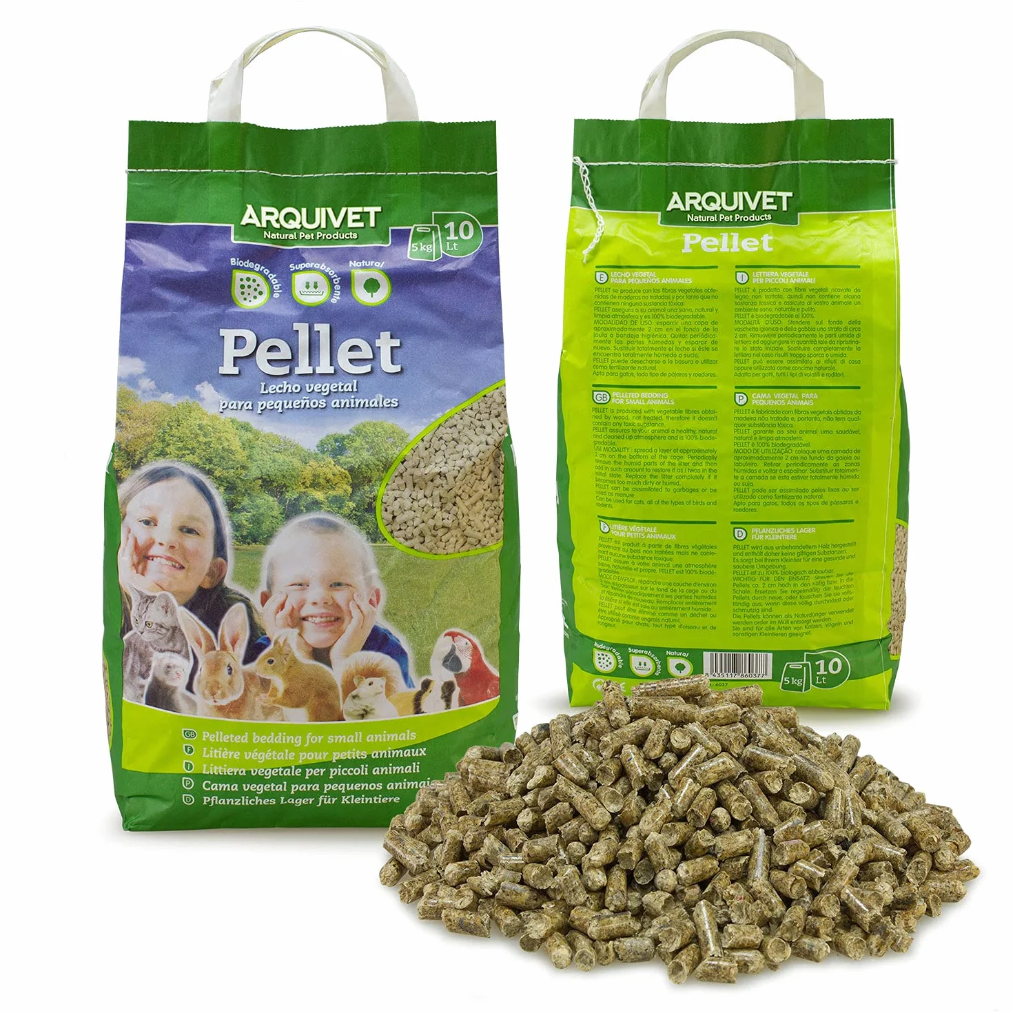Arquivet Pellet - Lecho higiénico Natural, Vegetal, orgánico para Gatos y pequeños mamíferos roedores, 10 L