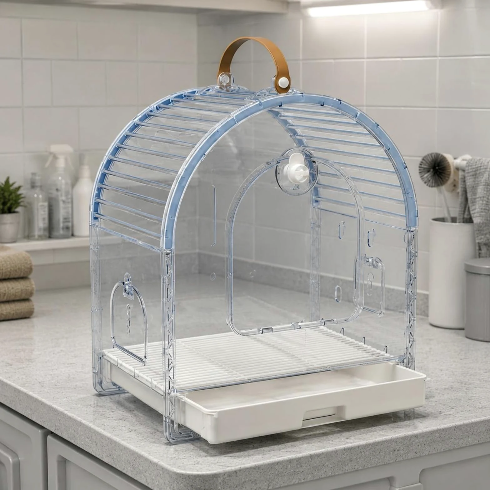 Jaula de Viaje Transparente Gran Espacio Jaula con Asa Ligero Transportador de Aves Transpirable para Salidas, Azul Claro, Mediano