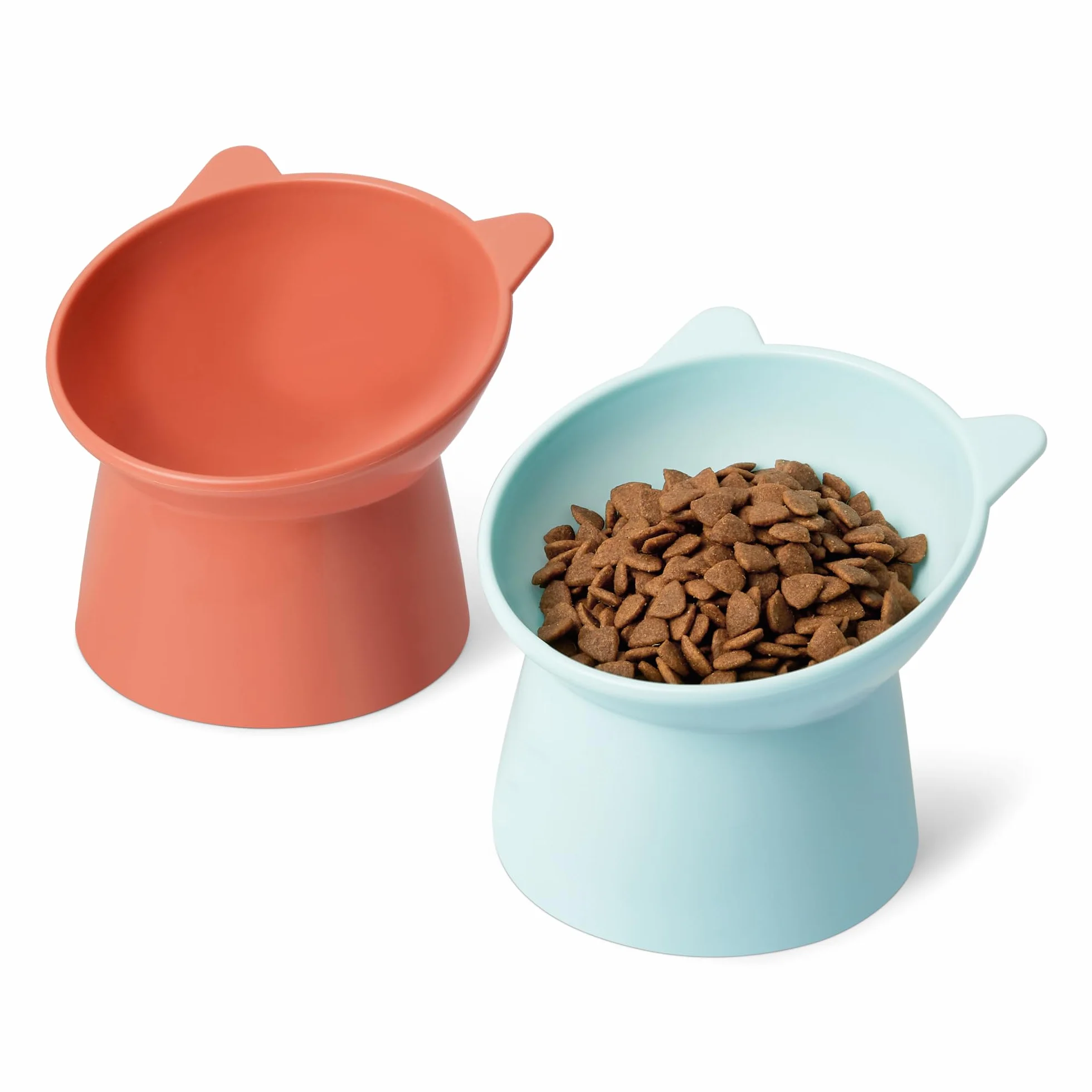 Amazon Basics Comederos elevados para Gatos, con Forma de Oreja de Gato, Paquete de 2, 13,2 × 13,2 × 11,4 cm, Naranja y Azul