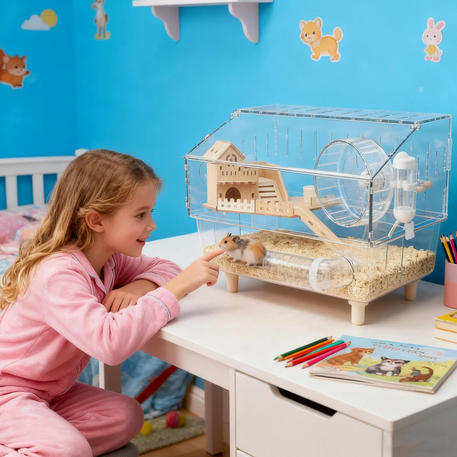 Jaula Para Hámster Hogar De Cría Transparente De 2 Niveles | Jaula para Hurón Acrílica de 45x28x34 centímetros Para Erizo Hurón Gerbo Chinchilla Mascotas Pequeñas Monitoreo
