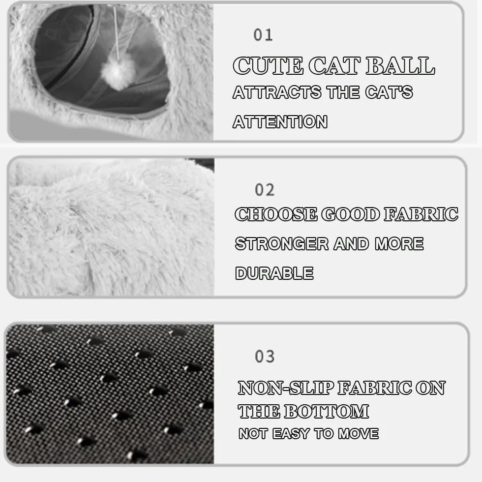 Túnel de gato Nirvana, túneles para gatos de interior, cama de túnel de felpa con bolas de juguete y almohadillas lavables, tubo de túnel multifuncional para gatitos y cachorros de conejo (gris, talla