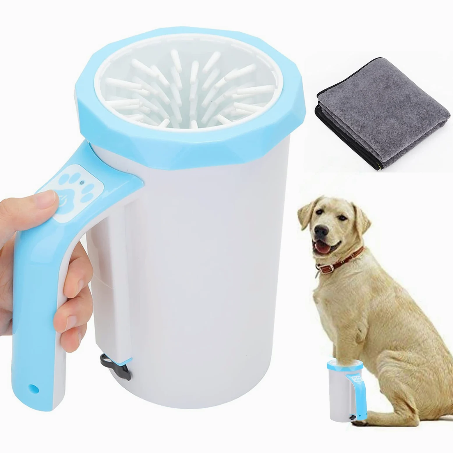 Limpiador de patas para perros, Cepillo de silicona suave for patas perro con toalla for perros medianos y grandes, limpiador sucias embarradas | Blue
