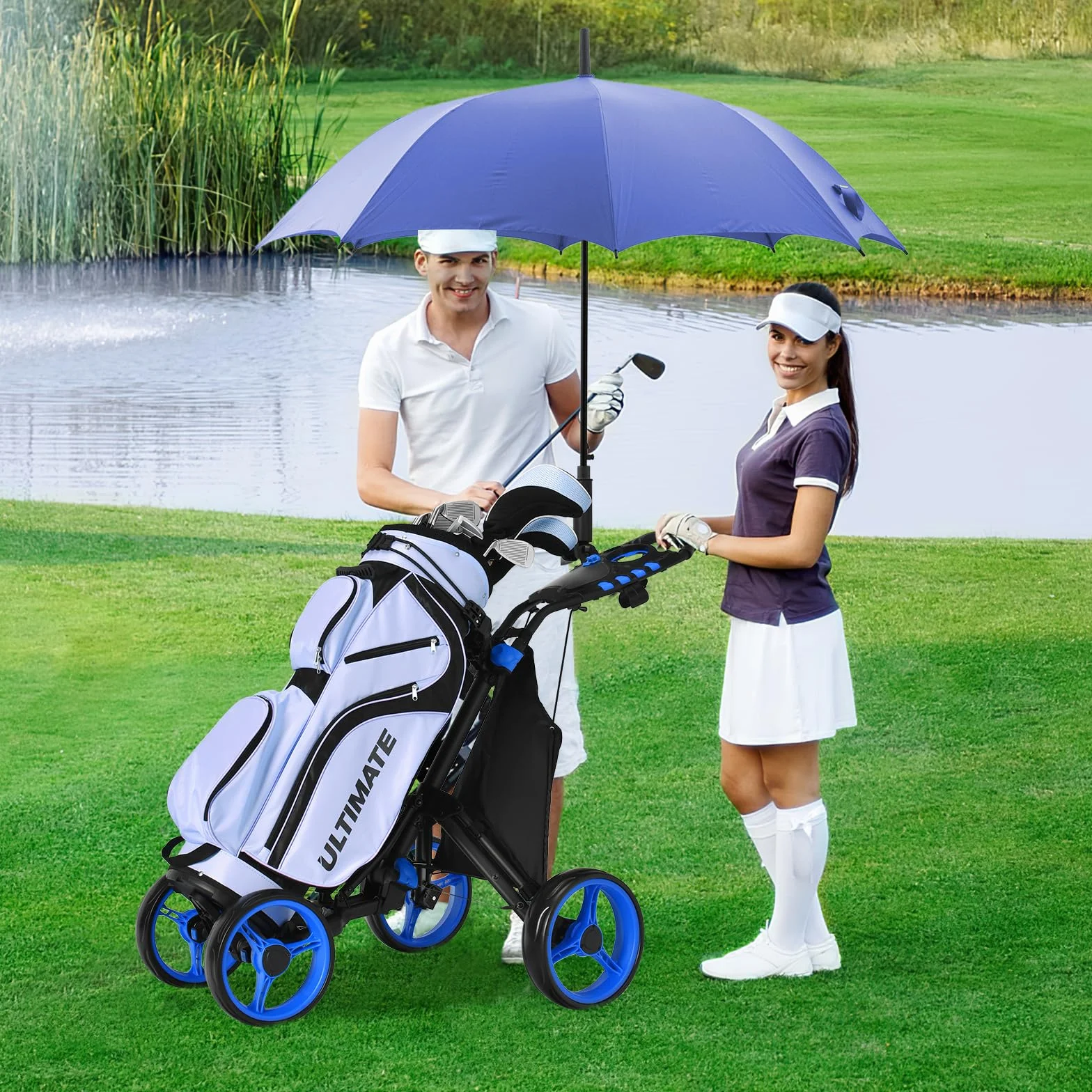 COSTWAY Carrito Golf Plegable 4 Ruedas con Bolsa Impermeable y Freno de Pie