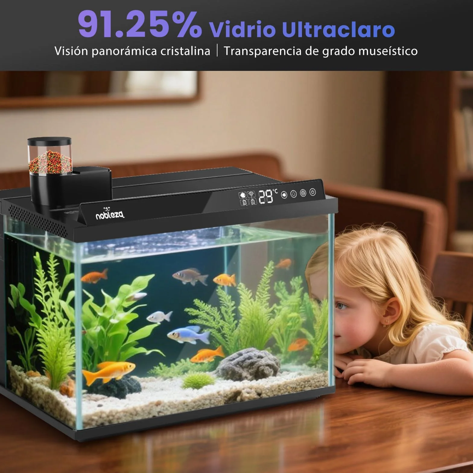 Nobleza Acuario Inteligente 30L - Control por App - Pecera Inteligente con Triple Filtración, Alimentación Remota, Drenaje Automático en 1 Toque - Color Negro