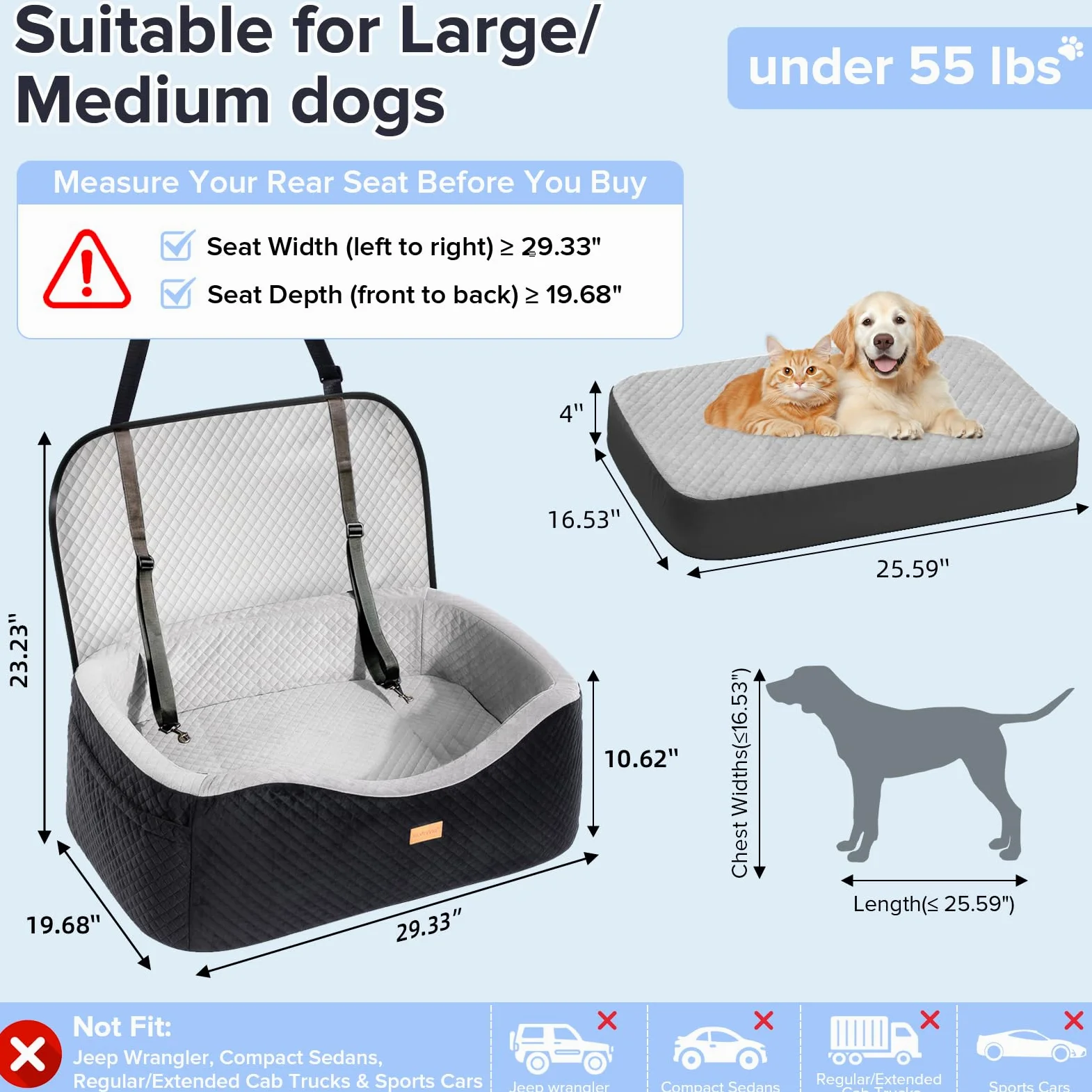 Asiento de coche para perros grandes de hasta 60 libras o 2 perros pequeños con espuma viscoelástica de 4 pulgadas, asiento trasero mediano para mascotas con cinturones de seguridad triples, correas