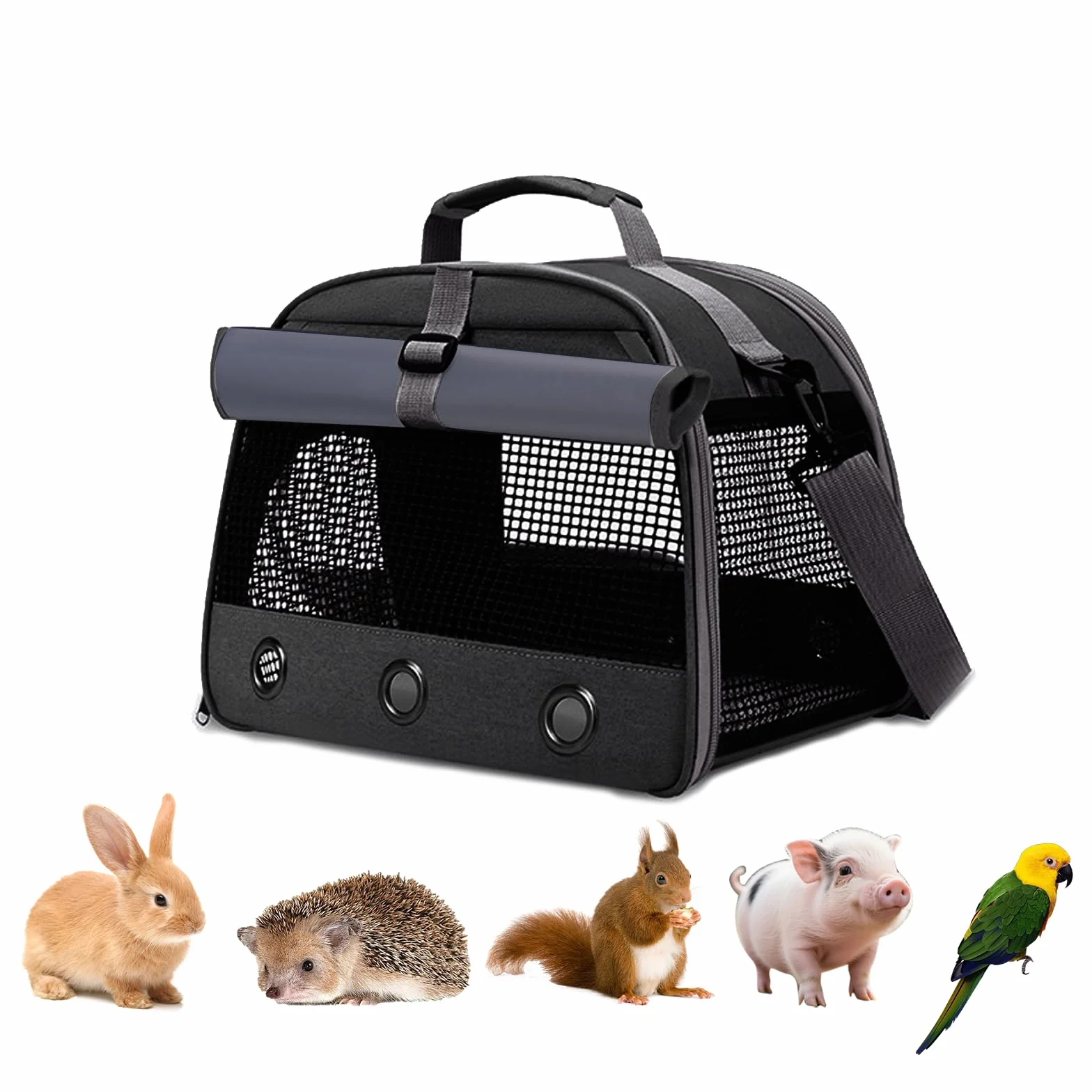 Bolsa de Transporte de Animales pequeños, 35 * 25 * 23cm Bolsa de Viaje saliente para Mascotas, Portador de Conejillos de Indias portátil con Malla Transpirable para pájaro, Rata,Negro