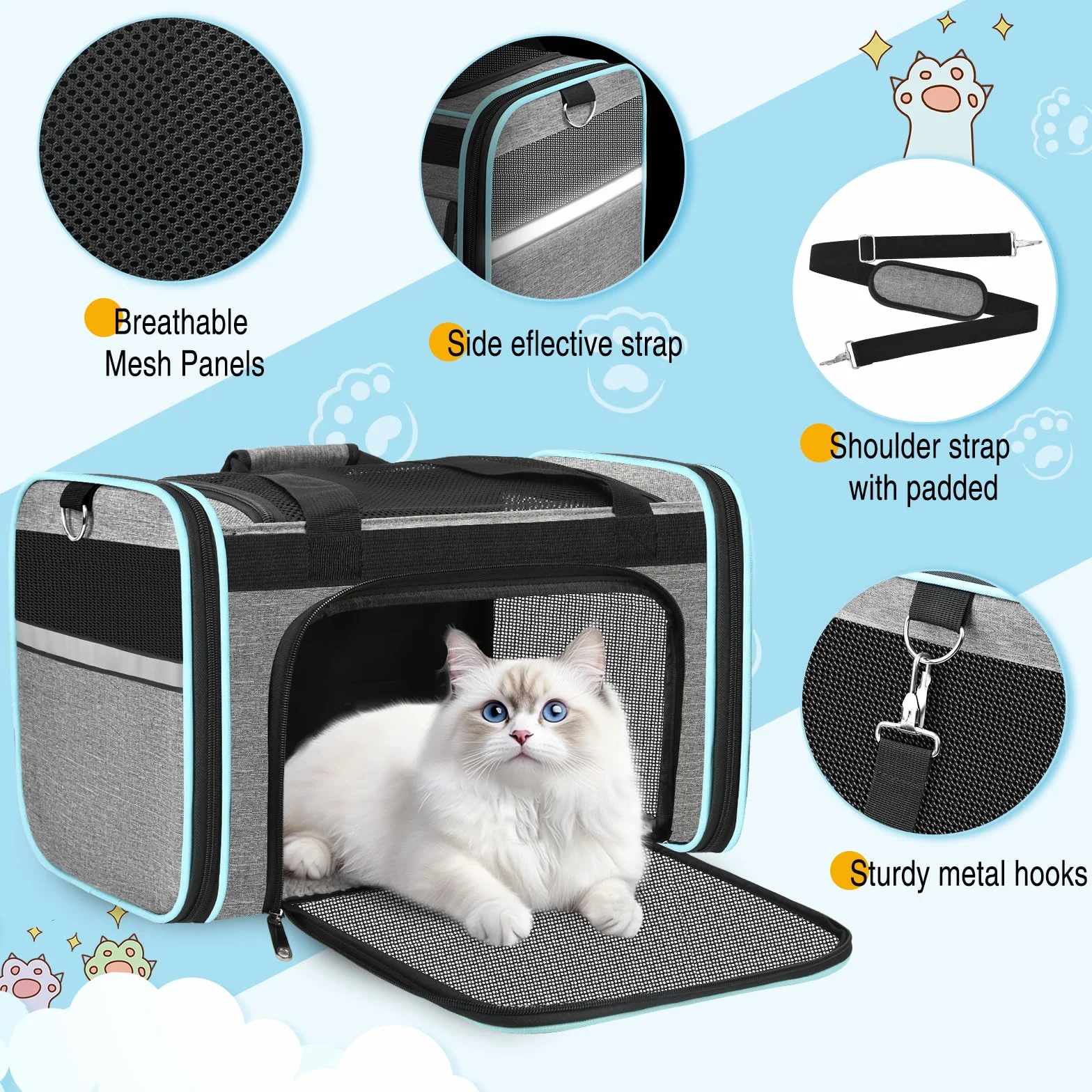 TEUEN Transportín Plegable Aprobado por Aerolíneas - Bolsa Viaje para Gatos y Perros hasta 9kg, 4 Lados de Malla, Tejido Antiarrañazos con Cojín Lavable y Correa de Seguridad