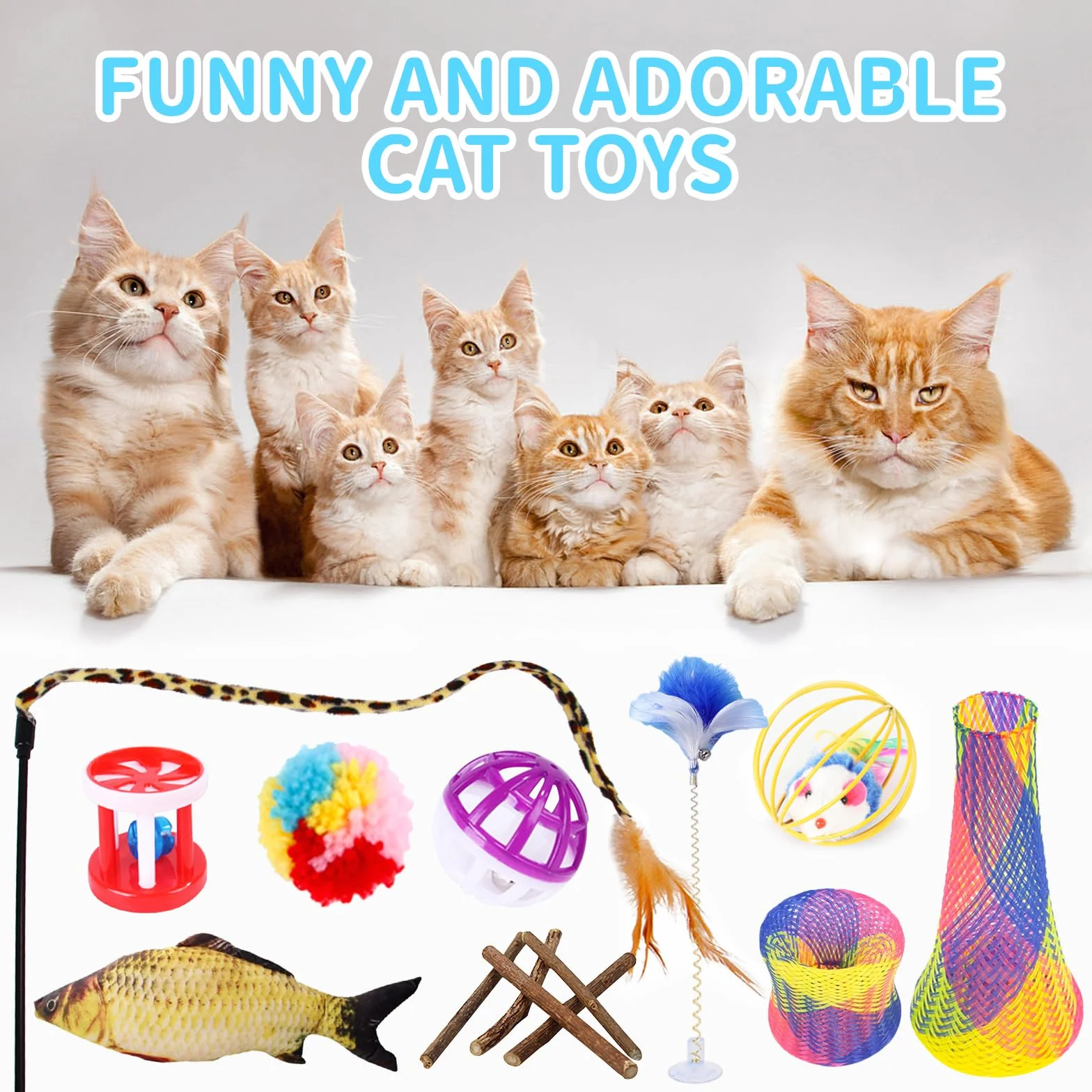 Juguetes para Gatos, 38 Piezas Set, Palo de Gato Divertido, Ratones, Hierba Gatera, Peces, Tumbler, Bolas y Campanas