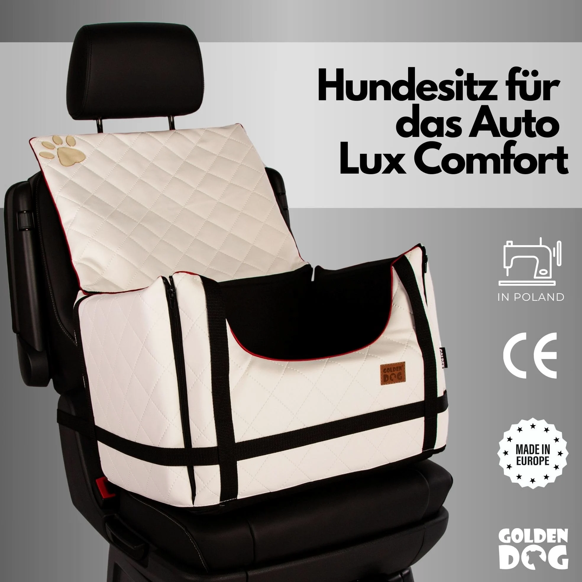 Golden Dog - Transportín para perro con cinturón de seguridad XL-75 x 55 x 33 cm – Asiento de coche de imitación de piel para perro, resistente al agua, asiento para perros – Asiento para el copiloto
