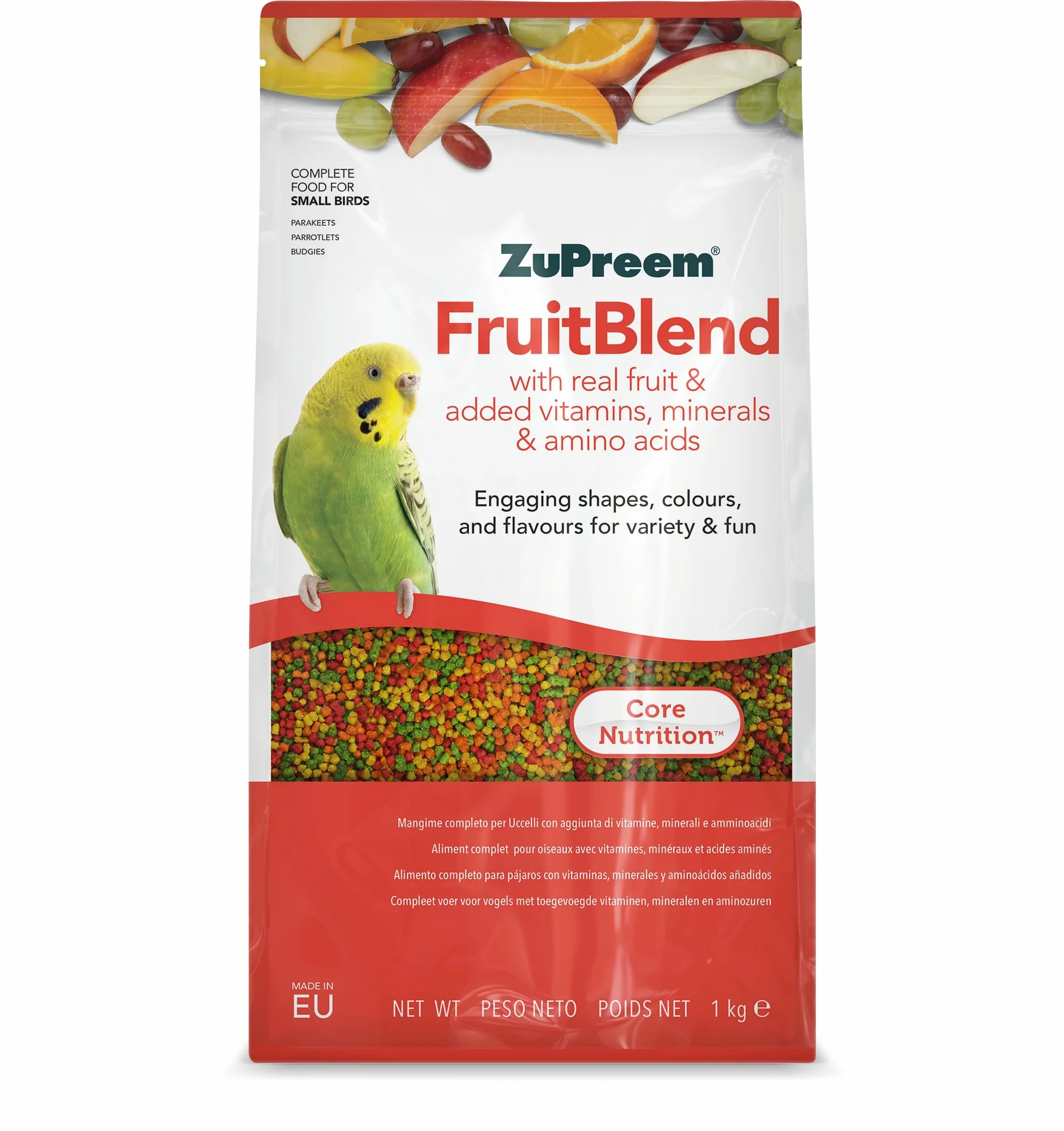 Zupreem Multifrutas Alimento para Aves de Compañía - Frutas y Vitaminas - Pienso para Pájaros Indicado para Periquitos, Periquitos Australianos, Loros Pequeños y Otros Pájaros Pequeños - 1 kg