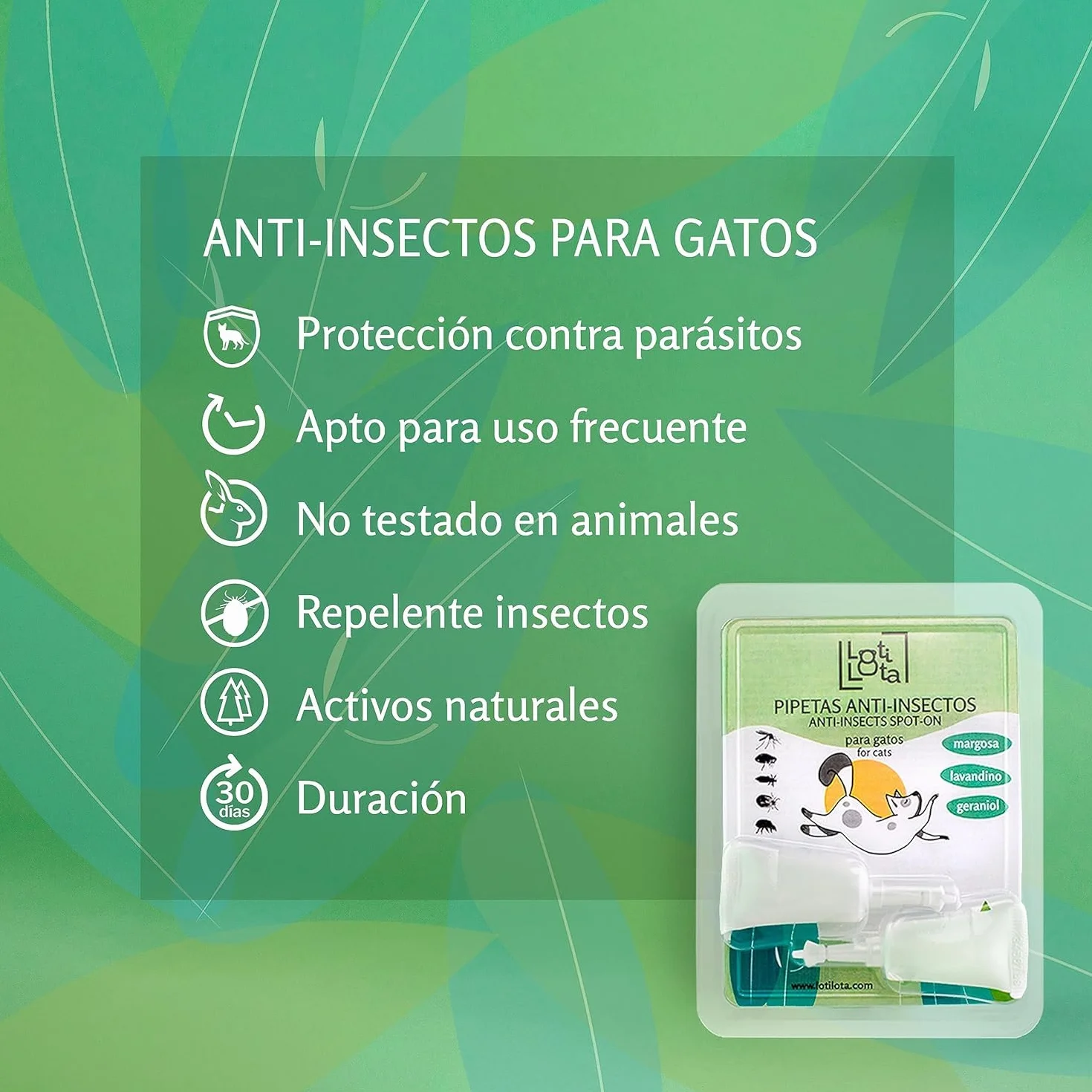 Pipetas Anti-Insectos para Gatos - Pack 2 Blister (4 Pipetas Total) - Activos 100% Naturales - Contienen Margosa, Geraniol, Lavandino - Ingredientes Naturales - Pulgas, Garrapatas e Insectos