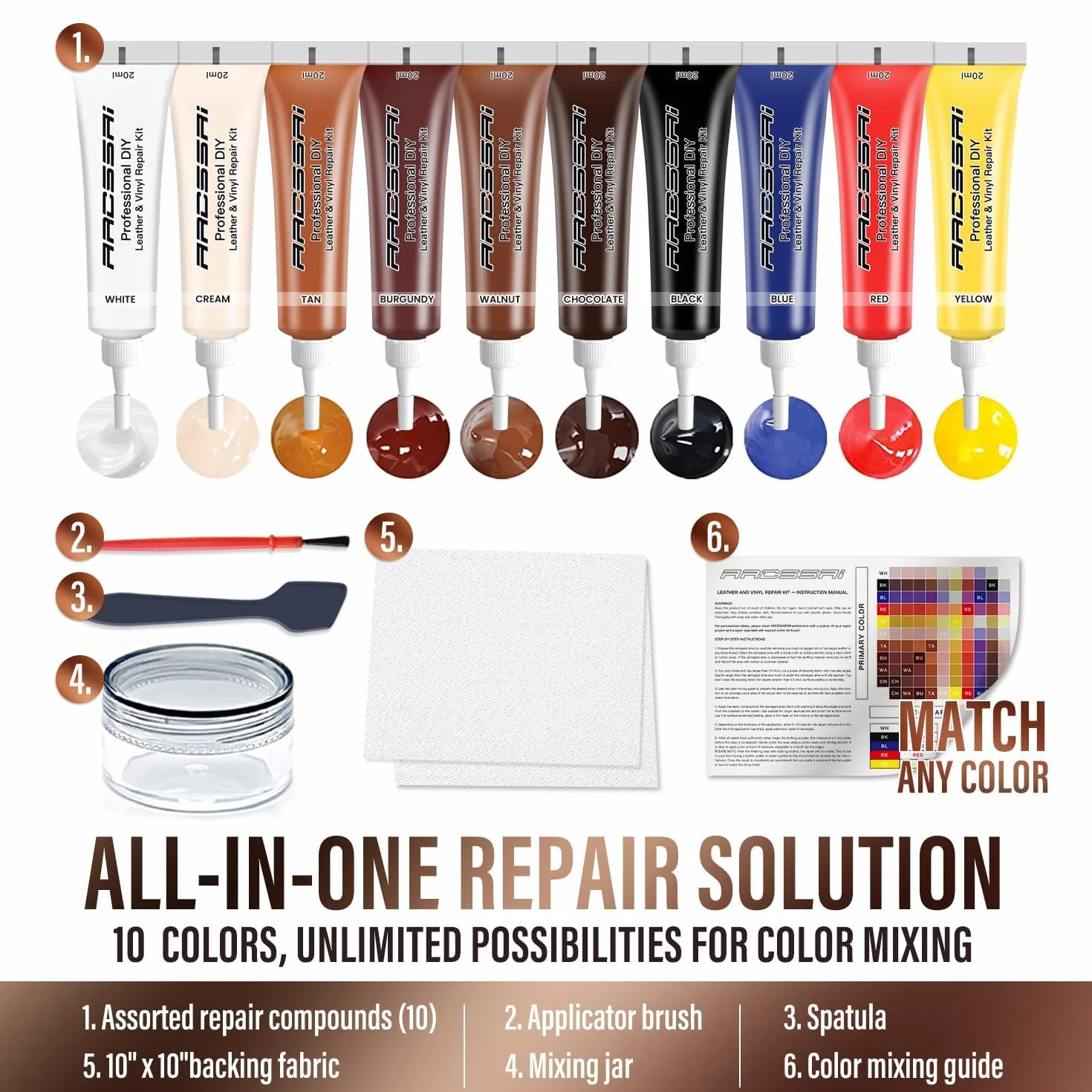 ARCSSAI ARCSSAL Kit de reparación de Cuero para Muebles, sofá, Chaqueta, Asientos de Coche y Bolso. Instrucciones Muy fáciles para Combinar con Cualquier Color, Restaurar Cualquier Material, Unido