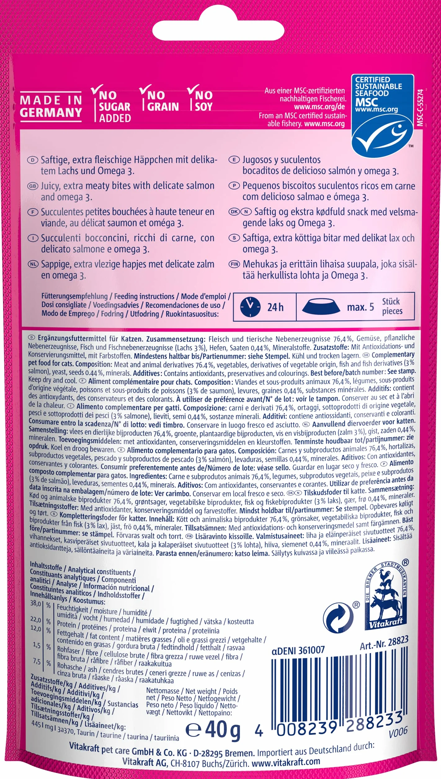 Vitakraft Cat YUMS, golosinas para Gatos, Snack Blando para Gatos Relleno de salmón, en Bolsa resellable, tamaño Almacenamiento, sin azúcar añadido (9X 40g)