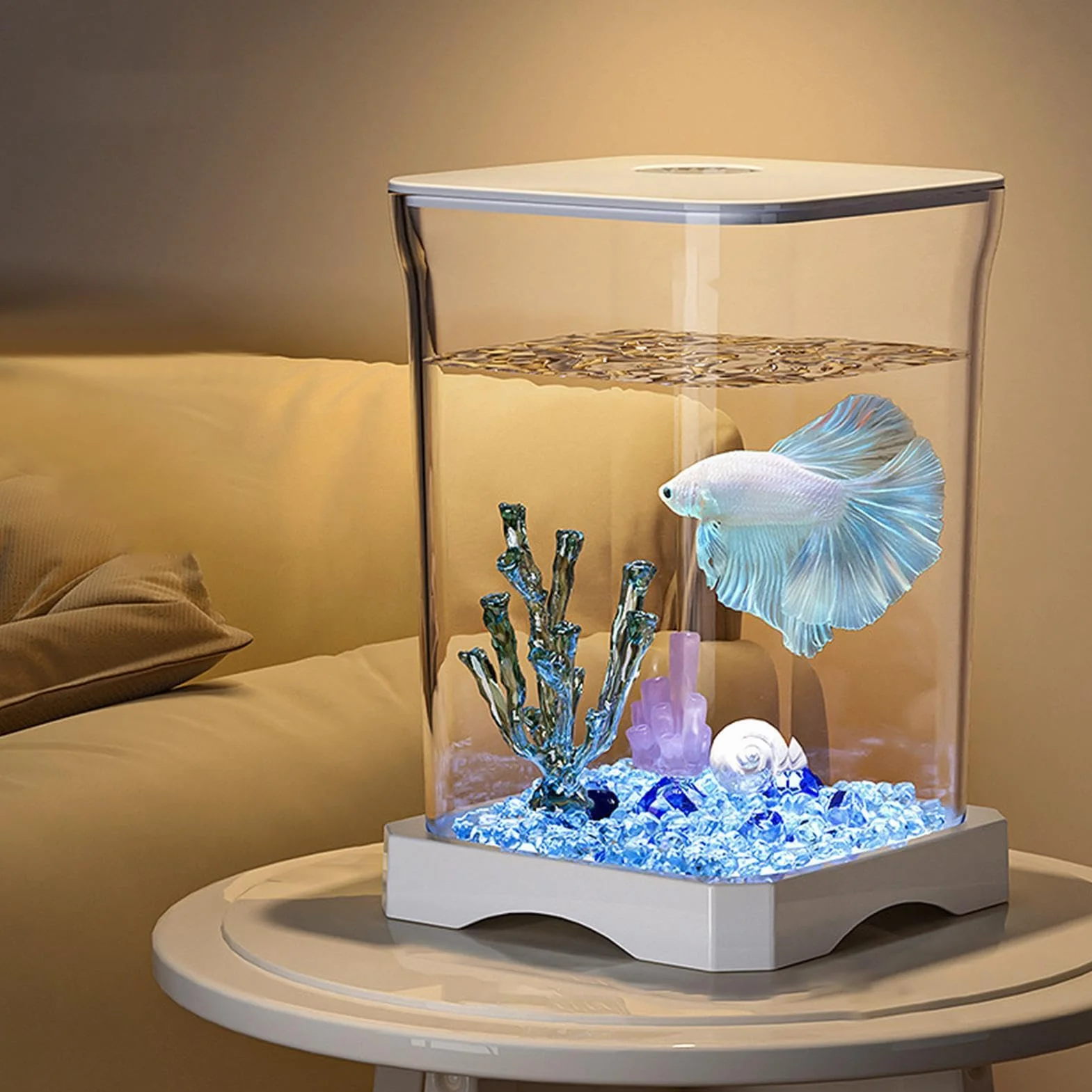 Acuario de Peces Betta, pecera Betta: pequeñas peceras acrílicas con iluminación LED, Cuenco Transparente para Paisaje acuático, Decoraciones de Escritorio para camarones, cangrejos, arañas
