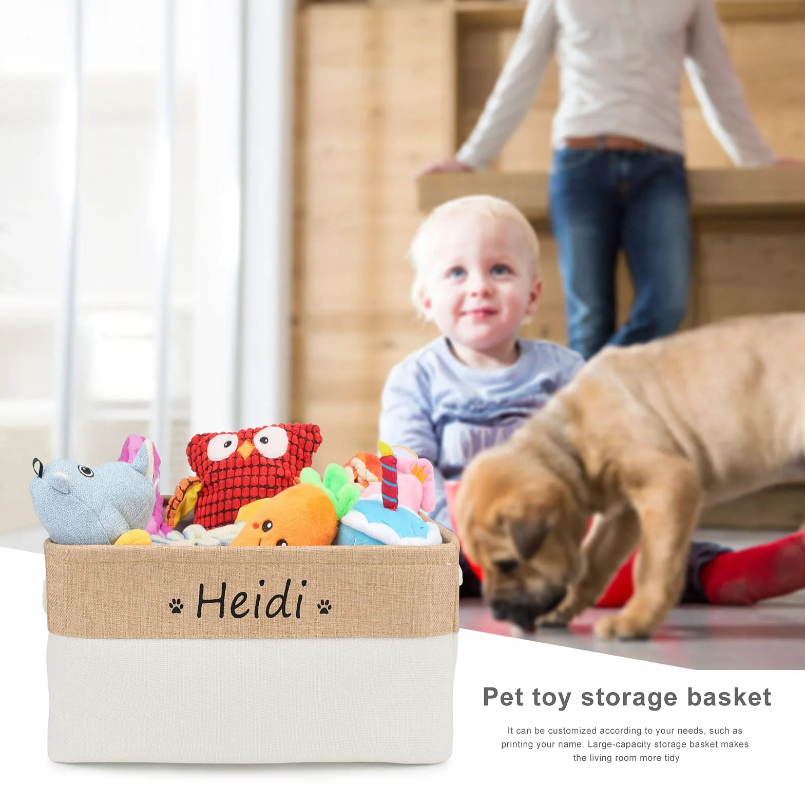 Cesta de almacenaje personalizada con nombre y dibujo, cesta plegable para juguetes de perro con asa de algodón, caja de almacenaje para organizar comida, ropa y accesorios para perros(Beige)