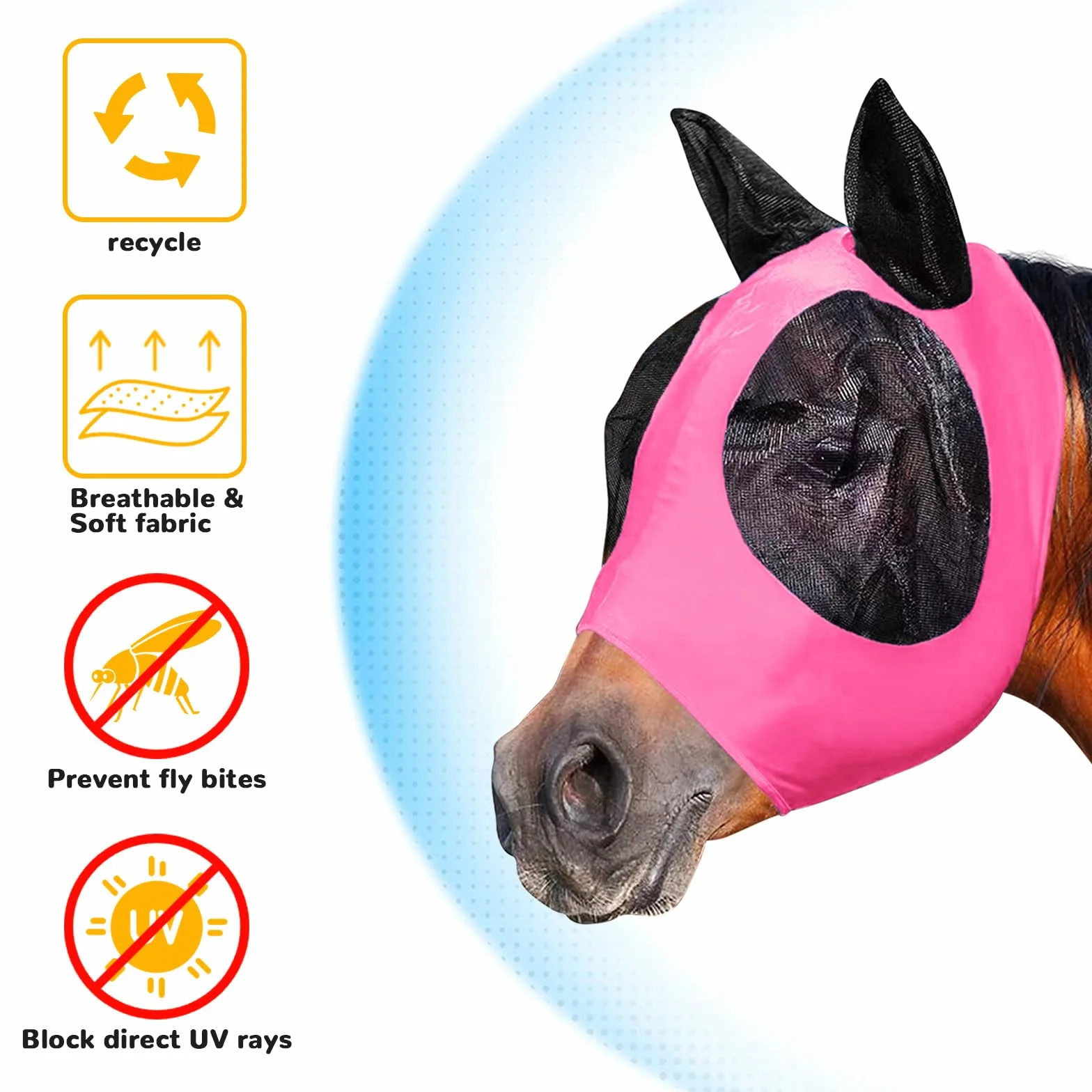 Máscara de mosca para caballos, cabestro con protección UV, gorro transpirable, shetty con orejas