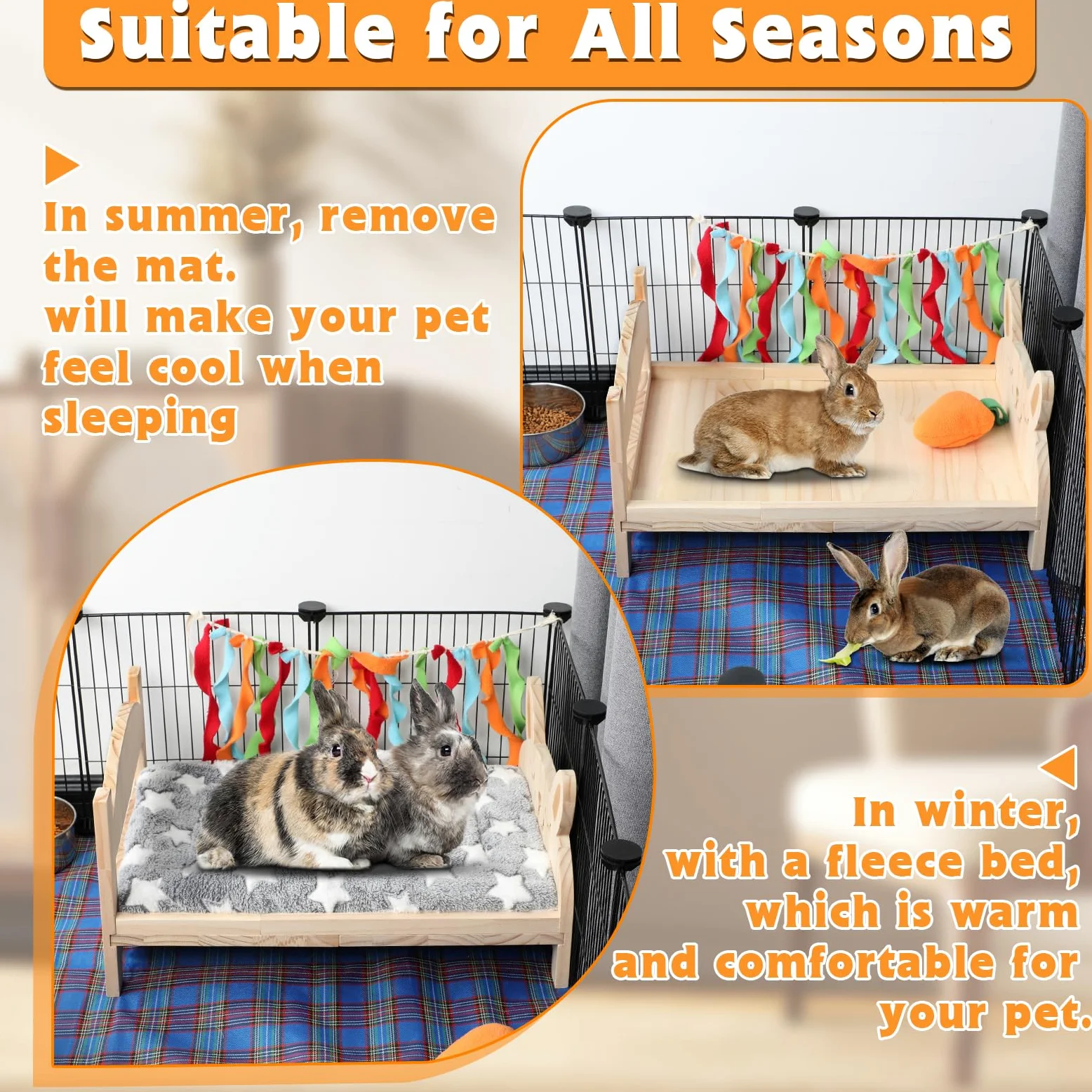 BWOGUE Cama grande de madera para conejos, cama plegable 2 en 1 para mascotas con cojín extraíble, cama de animales pequeños para conejos, conejos, cobayas, gatitos, cachorros, hábitat para dormir