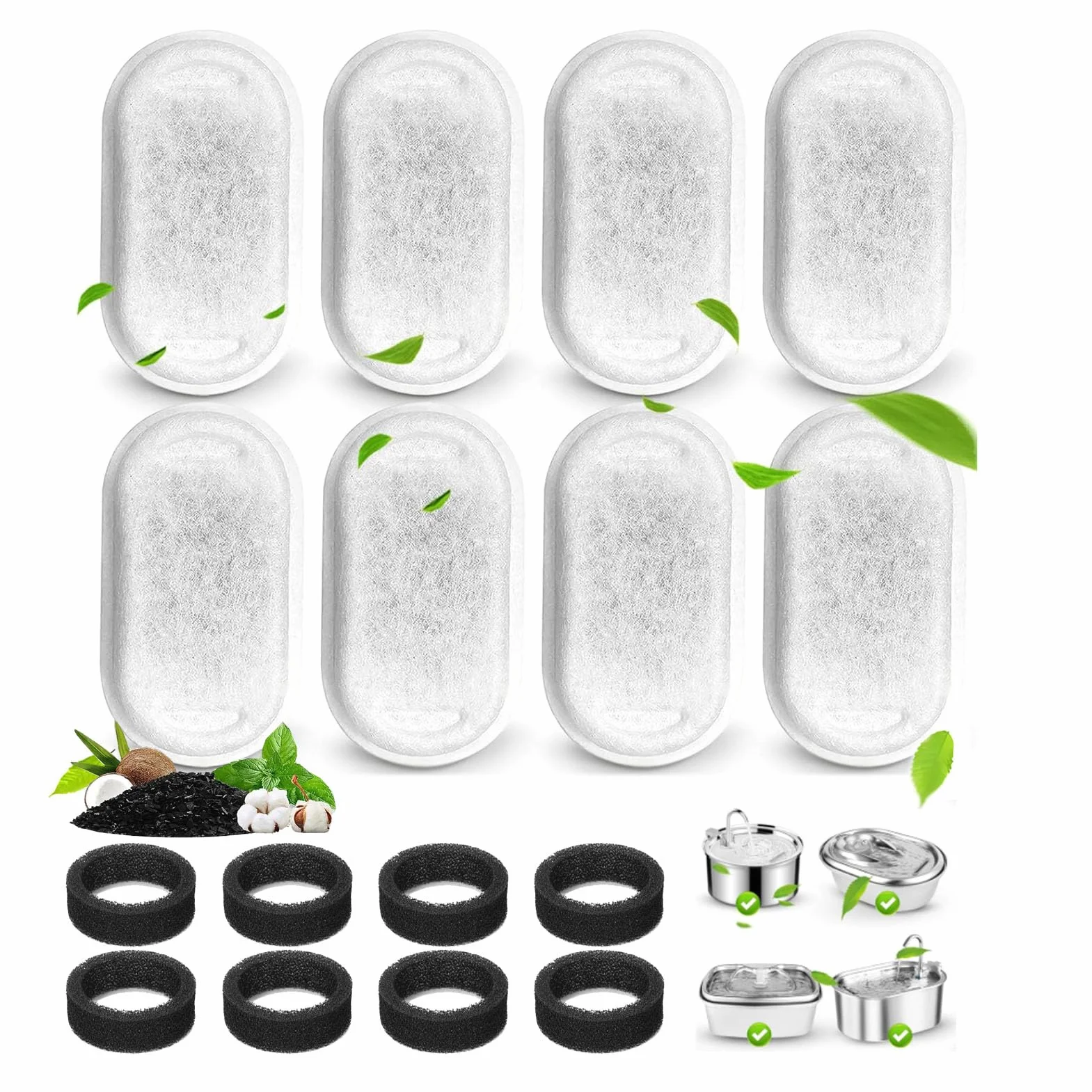 16 Filtros de Fuente de Agua para Gatos, Paquete de 8 Filtros de Fuente para Gatos de Repuesto con 8 Esponjas, para Dispensador de Agua de Acero Inoxidable para Mascotas de 2L/3.2L