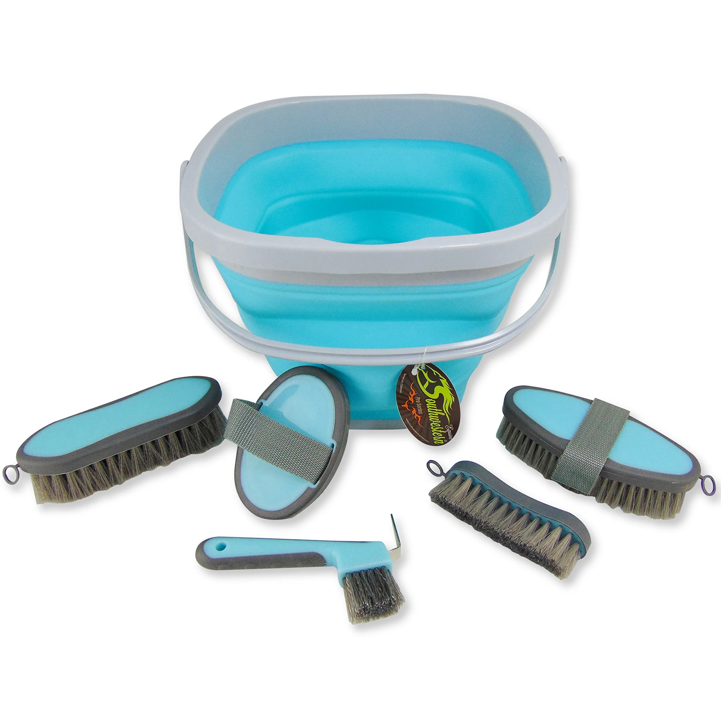Southwestern Equine - Kit de aseo plegable de 10 litros y 5 herramientas de aseo – Turquesa