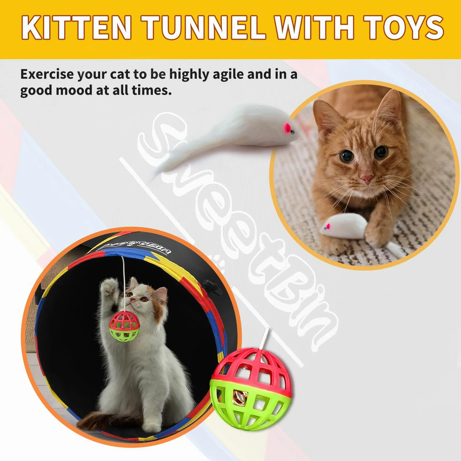 Túneles de Gato de 4 vías para Gatos de Interior, Tubo Plegable de 10 Pulgadas de diámetro y 47 Pulgadas más Largo, Bola de Campana para Jugar a Mascotas, Cachorro, Gatito Conejo