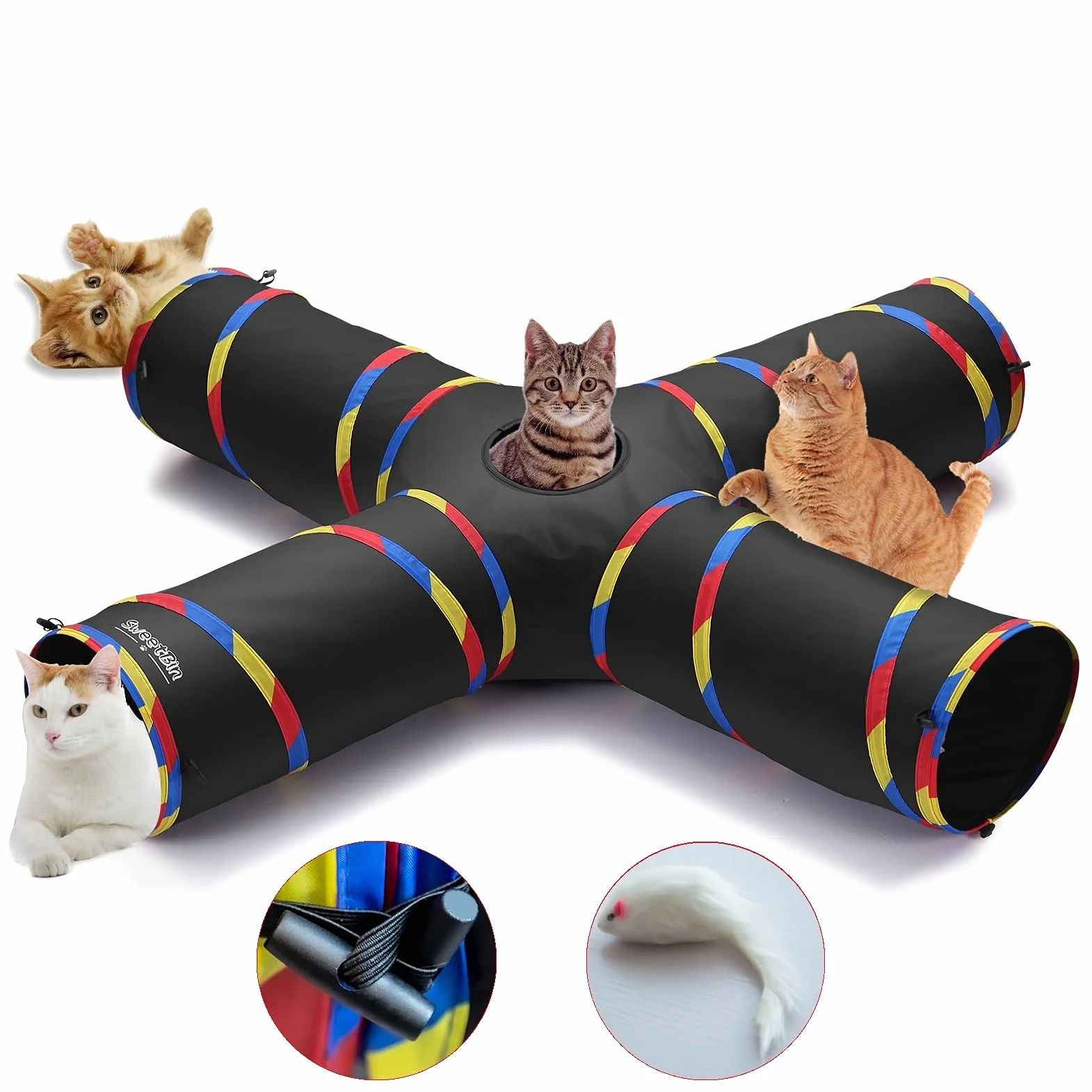 Túneles de Gato de 4 vías para Gatos de Interior, Tubo Plegable de 10 Pulgadas de diámetro y 47 Pulgadas más Largo, Bola de Campana para Jugar a Mascotas, Cachorro, Gatito Conejo