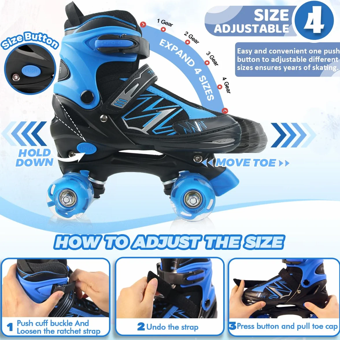 Patines ajustables para niños y niñas con ruedas iluminadas, azul y rojo