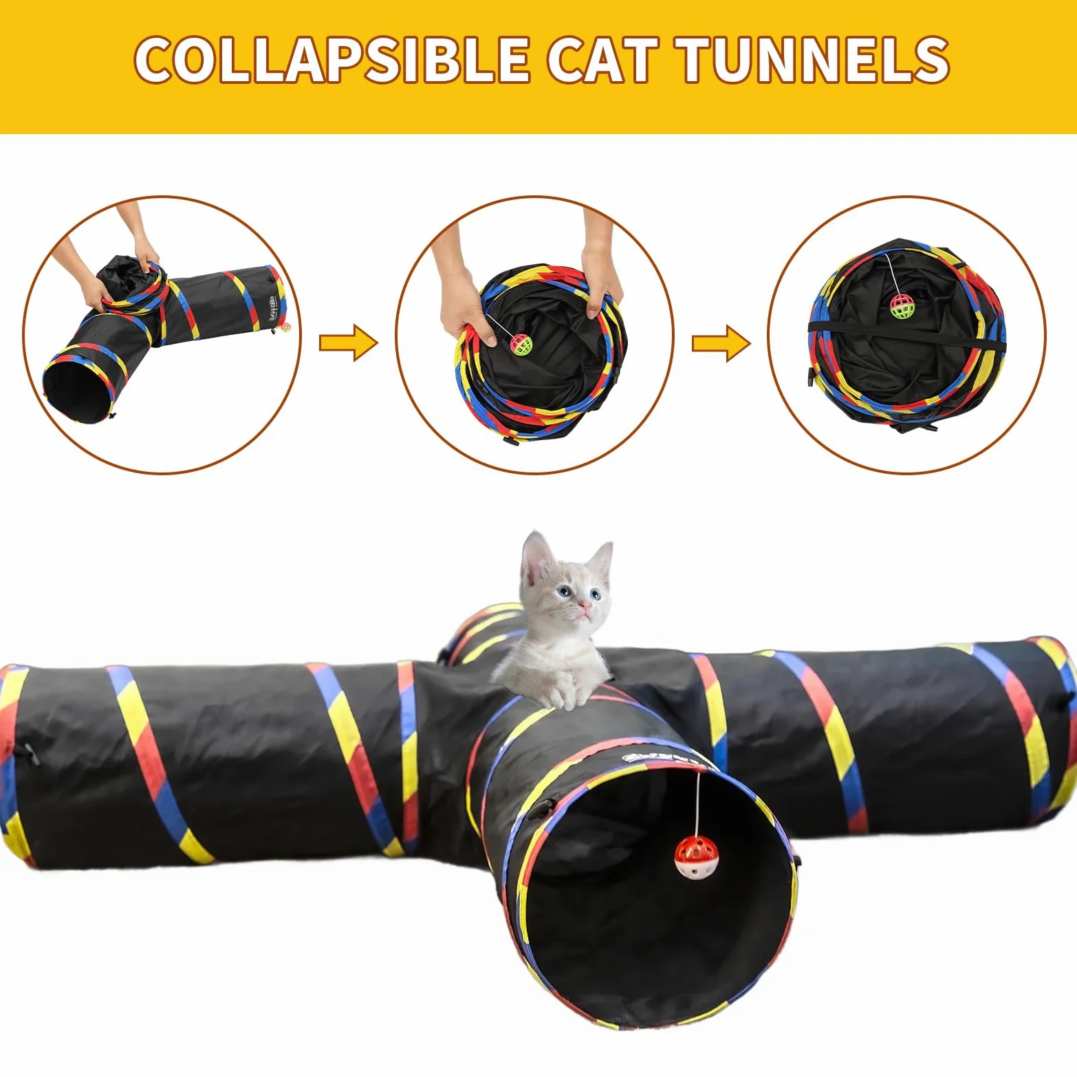 Túneles de Gato de 4 vías para Gatos de Interior, Tubo Plegable de 10 Pulgadas de diámetro y 47 Pulgadas más Largo, Bola de Campana para Jugar a Mascotas, Cachorro, Gatito Conejo