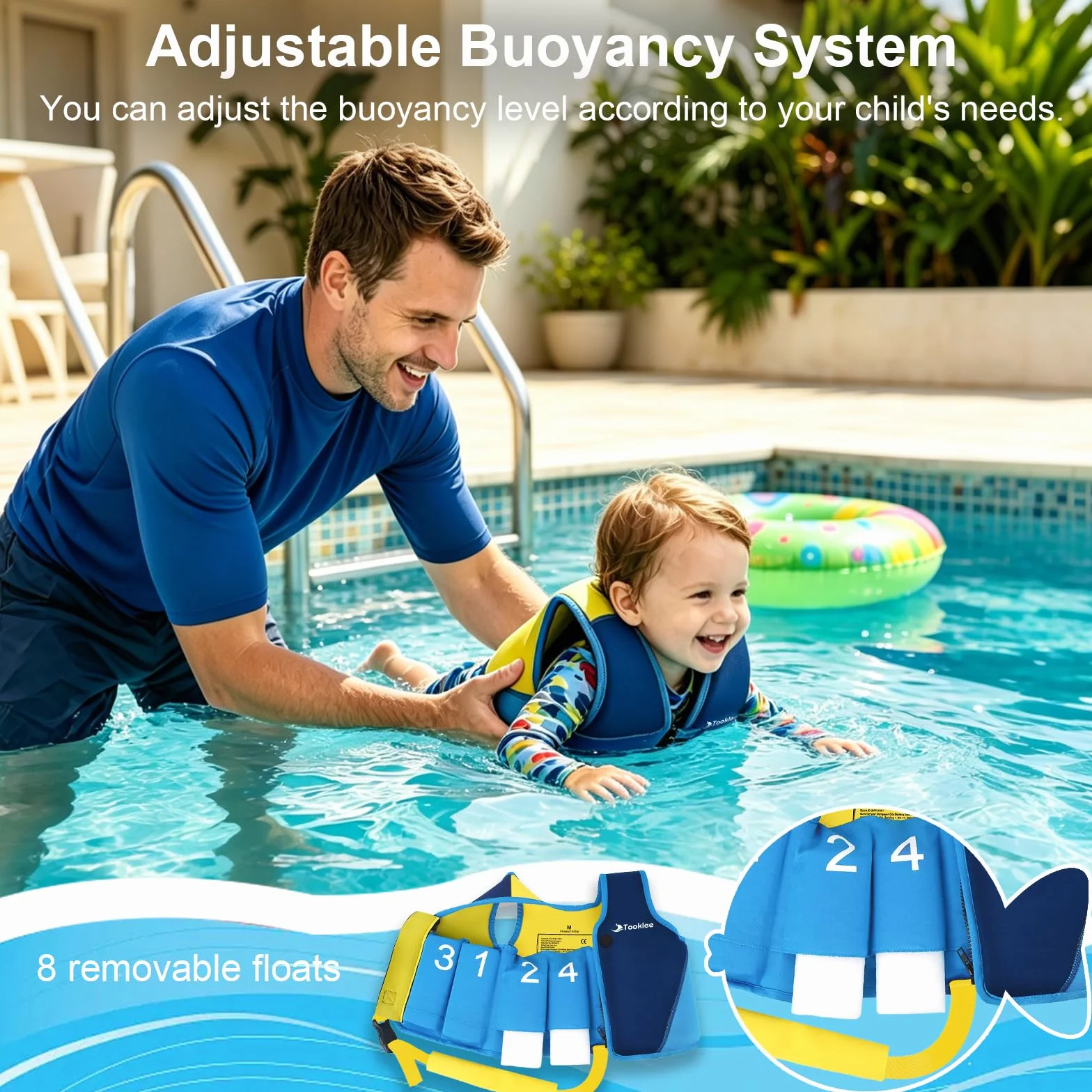 Chaleco de Natación para Niños, Sistema de Flotación Ajustable de 8 Paneles, Probado por TÜV, Neopreno Premium