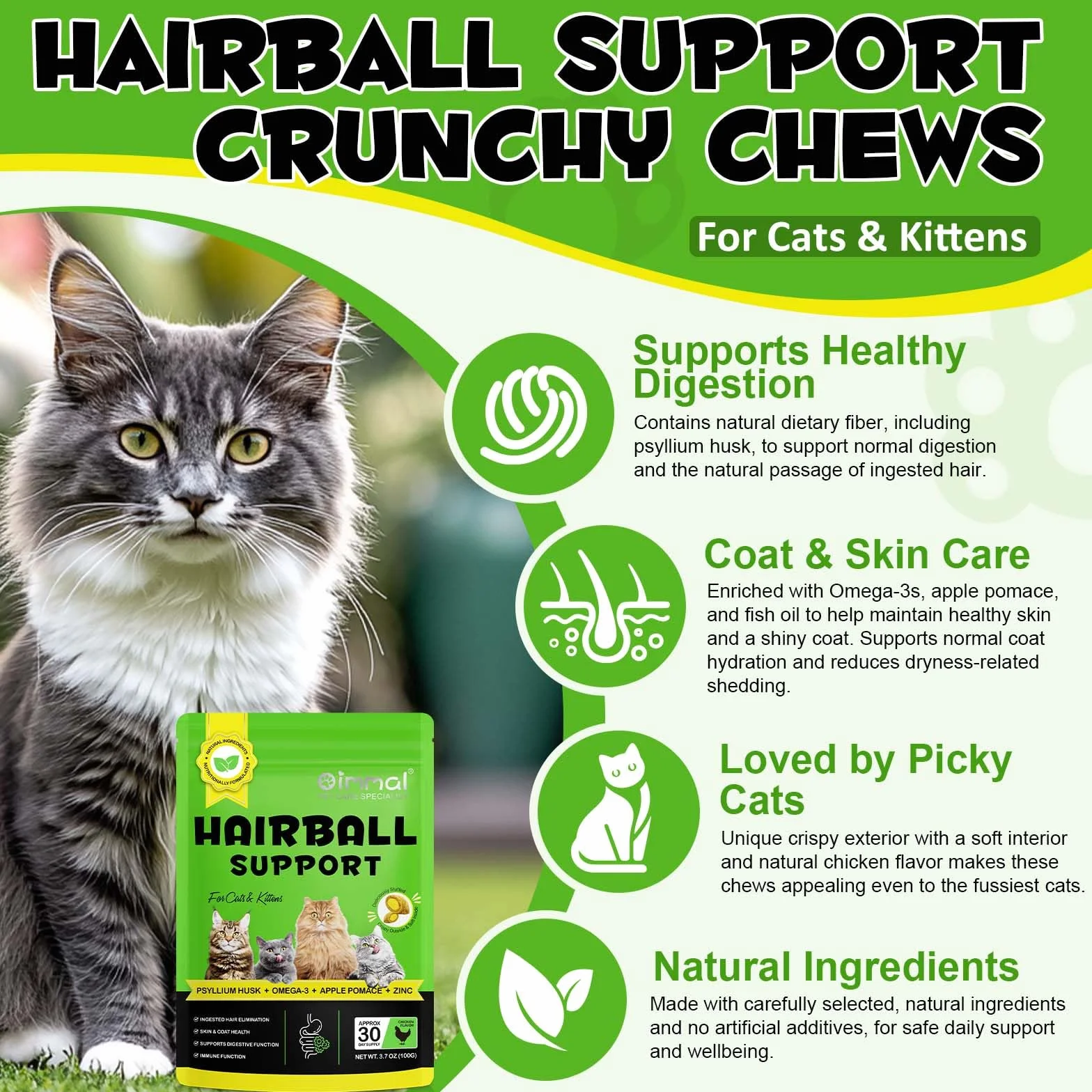 Alivio para gatos y gatitos, apoyo para bolas de pelo, ayuda a prevenir y eliminar las bolas de cabello, elimina el pelo ingerido, salud de la piel y el pelaje, 100 g