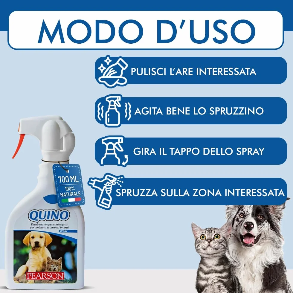 PEARSON Repelente para Gatos y Perros 700ML, Spray Educador para Gatos, Solución Anti Orina para Interiores y Exteriores, Repelente para Perros Made in Italy