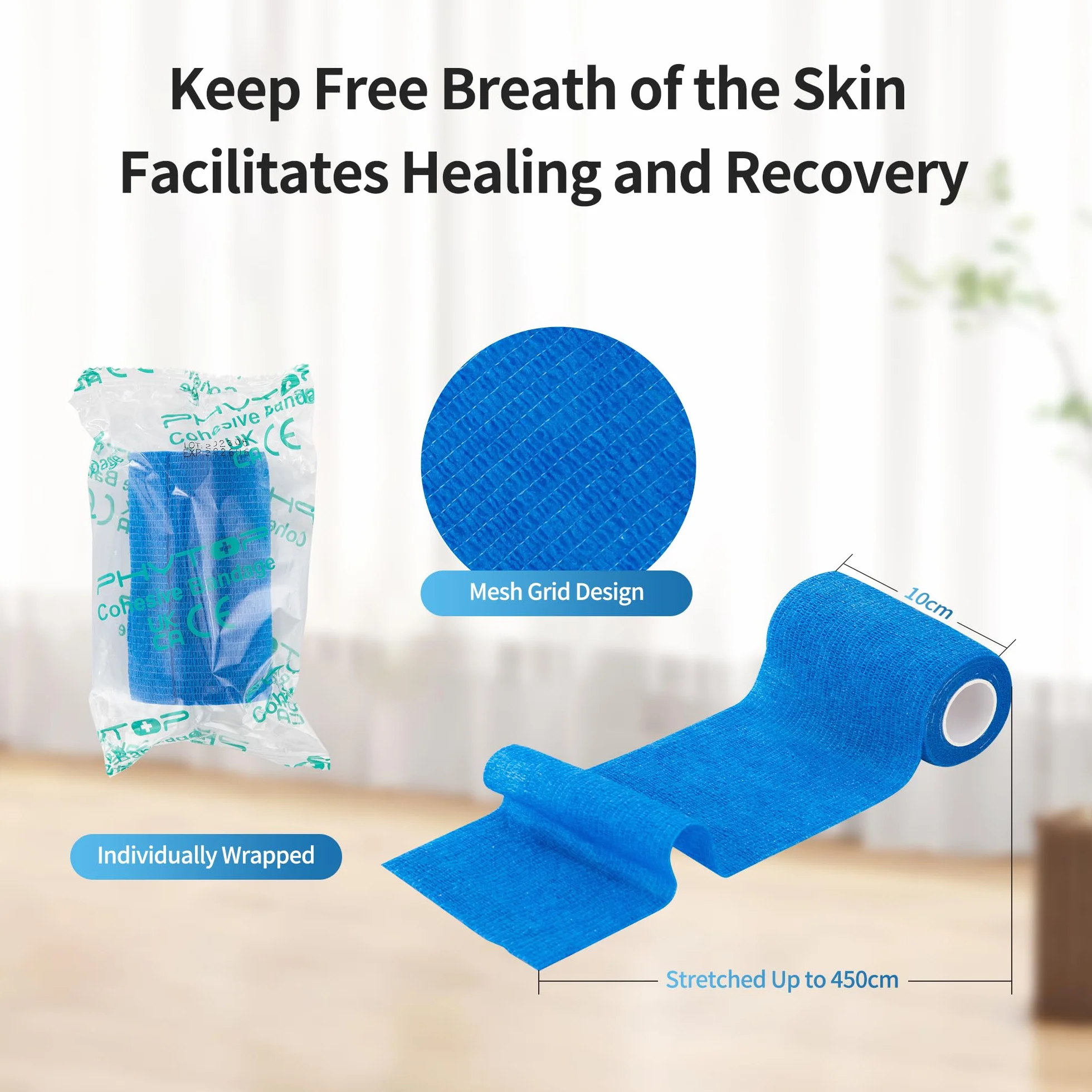Vendajes Adhesivos PHYTOP Envoltura Veterinaria (Azul) de 10cm X 4.5m, Venda Autoadhesiva Elástica para Protección de Muñecas y Tobillos