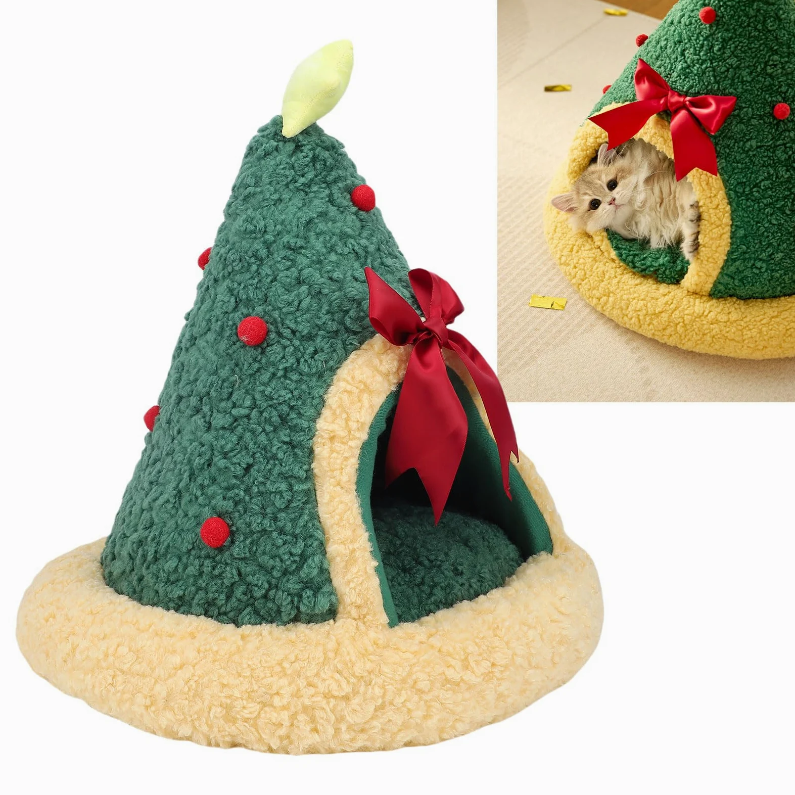 Casa para mascotas, árbol de Navidad, camas interiores para gatos, cama de cueva para gatos, diseño semicerrado, árbol de Navidad multifuncional, triangular, cama cálida para mascotas para el