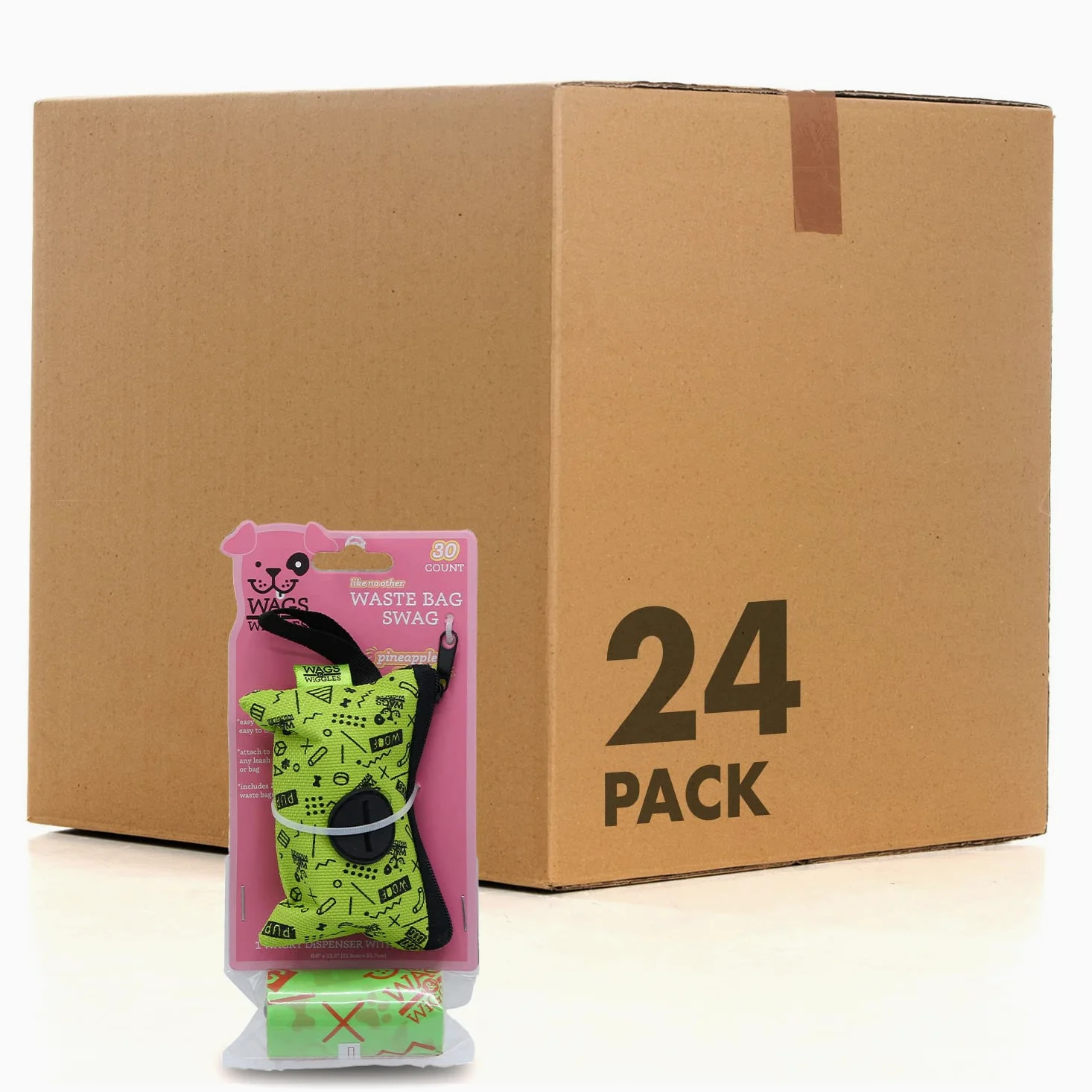 Wags & Wiggles Dispensador de bolsas de basura con 30 bolsas para excrementos de perro, bolsas perfumadas de piña y dispensador adorable, bolsas de basura para perros, ideal para uso diario, paquete